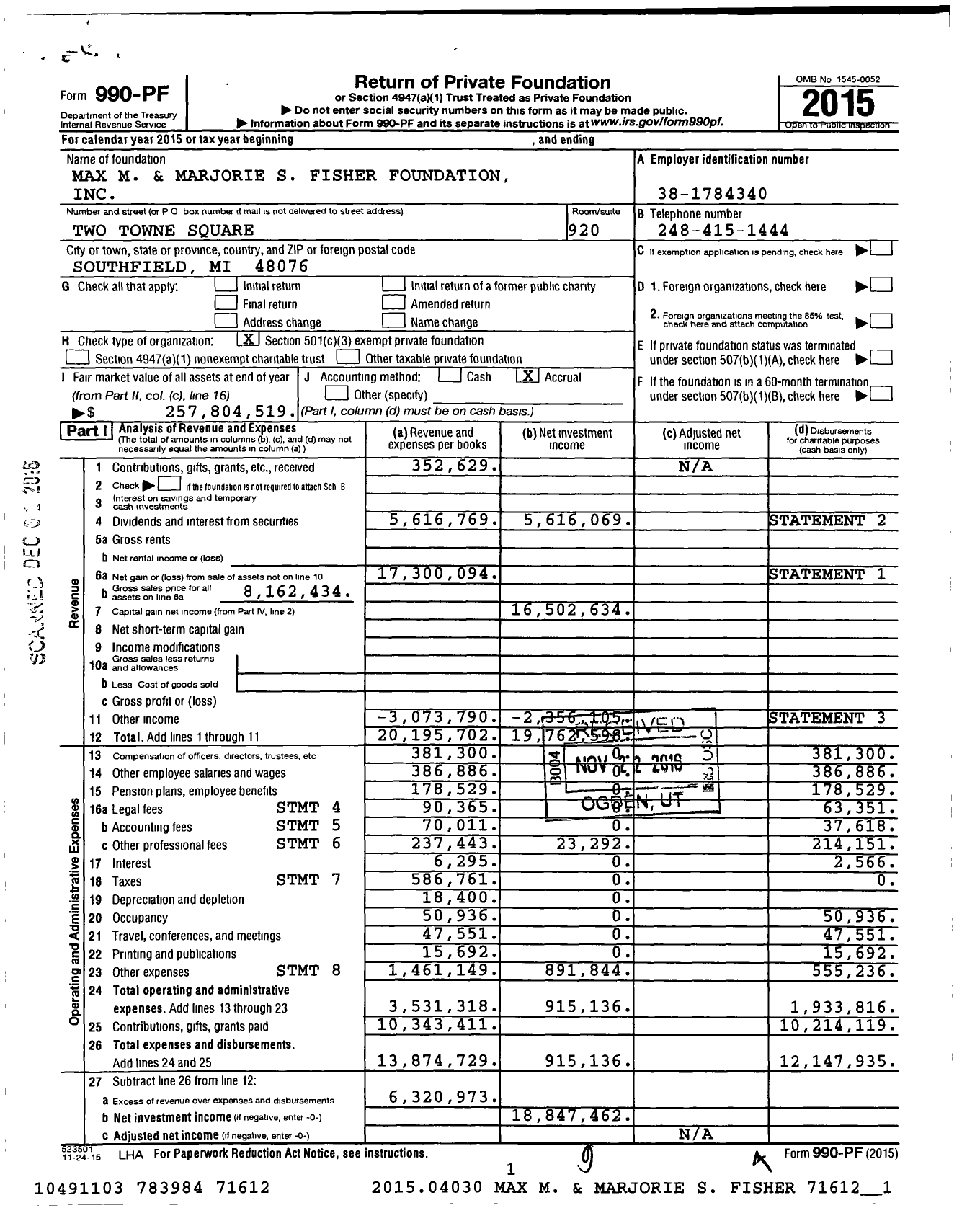Image of first page of 2015 Form 990PF for Max M. and Marjorie S. Fisher Foundation