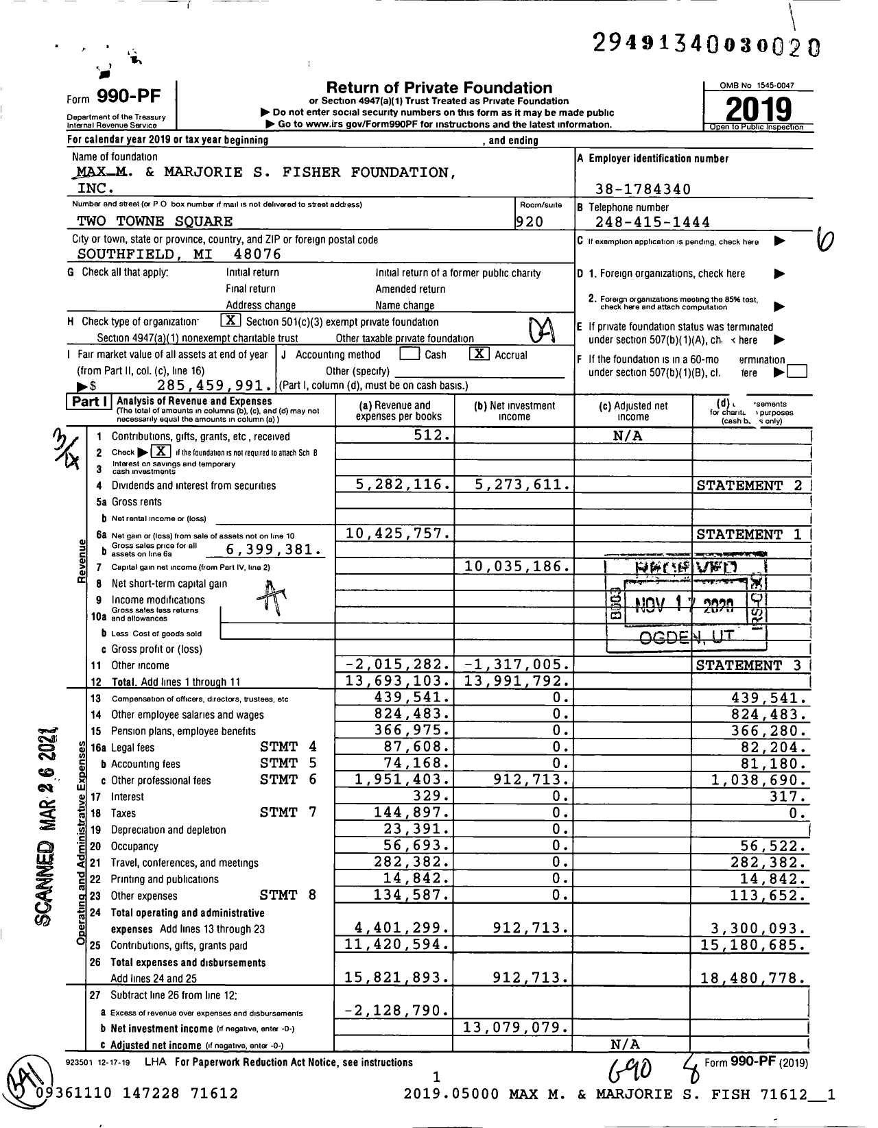 Image of first page of 2019 Form 990PF for Max M. and Marjorie S. Fisher Foundation