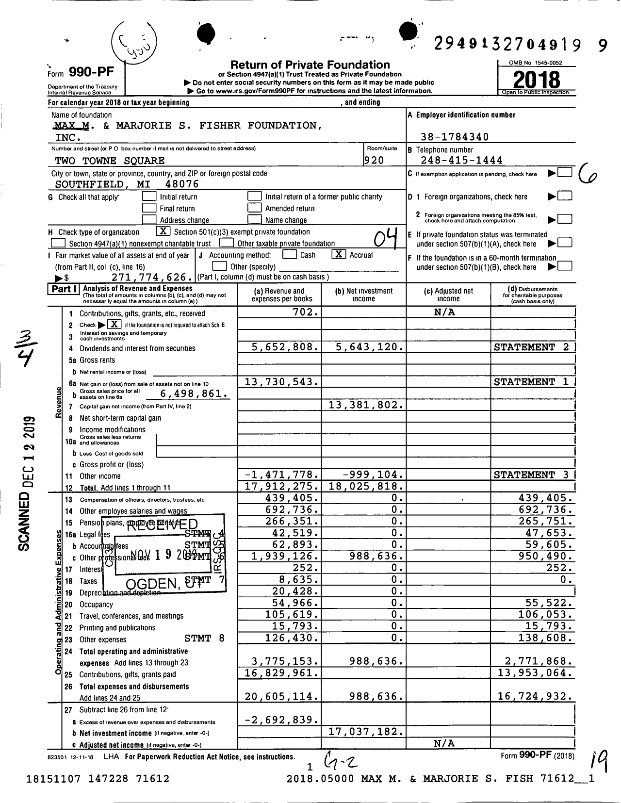 Image of first page of 2018 Form 990PF for Max M. and Marjorie S. Fisher Foundation