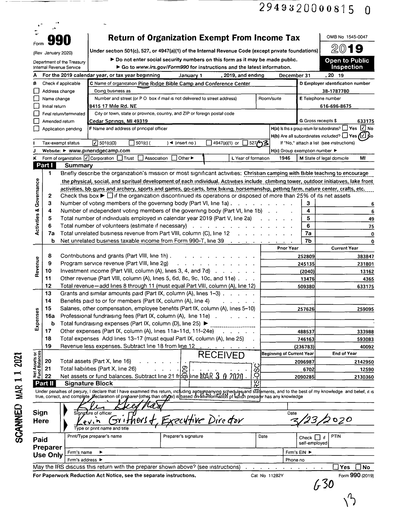 Image of first page of 2019 Form 990 for Pine Ridge Bible Camp and Conference Center