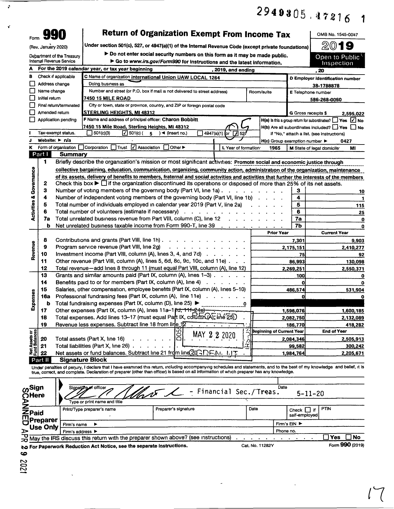 Image of first page of 2019 Form 990O for Uaw - International Union United Auto Aerospace and Agricultural Workers / Local 1264 Uaw