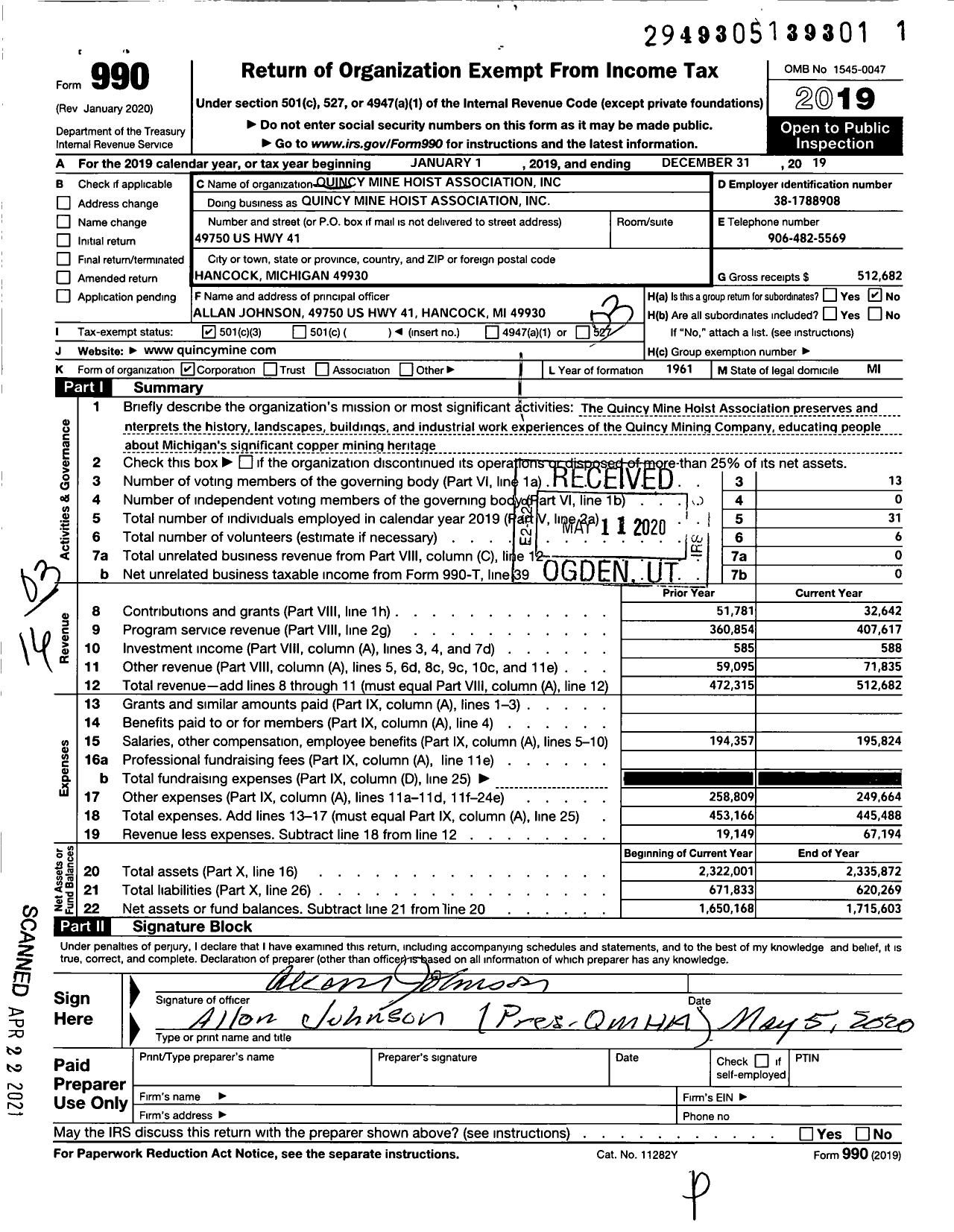 Image of first page of 2019 Form 990 for Quincy Mine Hoist Association