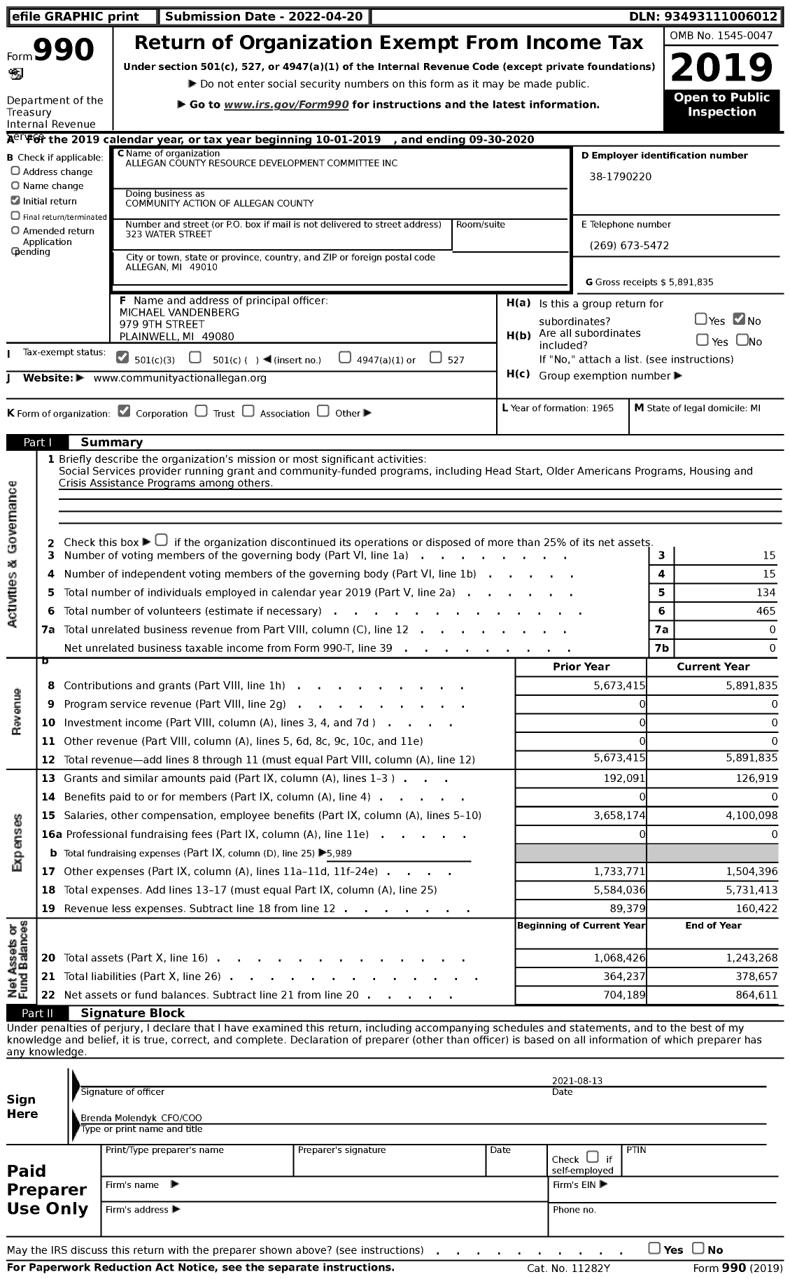 Image of first page of 2019 Form 990 for Community Action of Allegan County