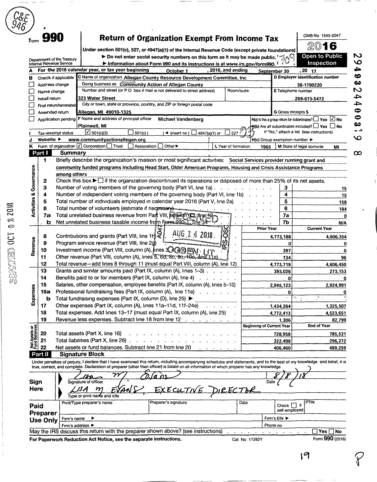 Image of first page of 2016 Form 990 for Community Action of Allegan County