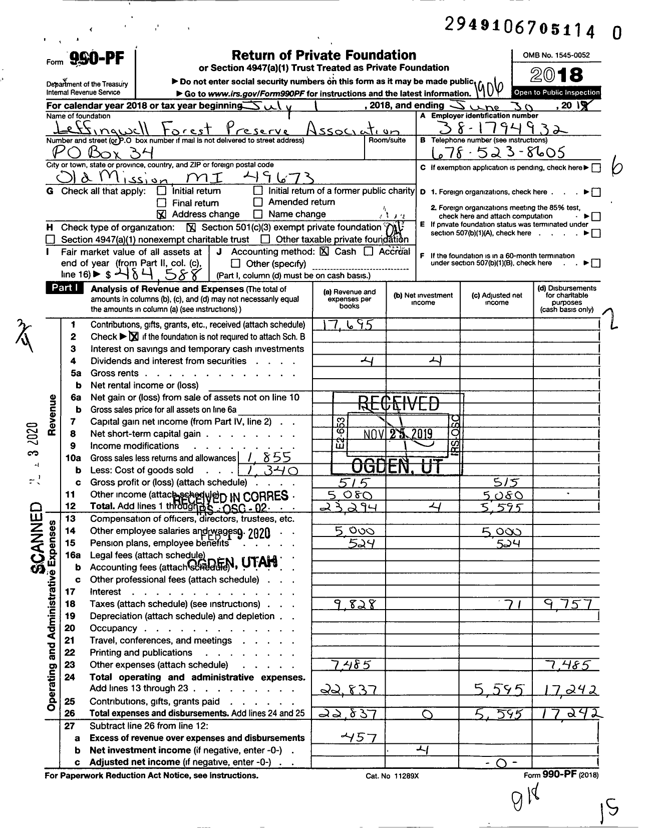 Image of first page of 2018 Form 990PR for Leffingwell Forest Preserve Association