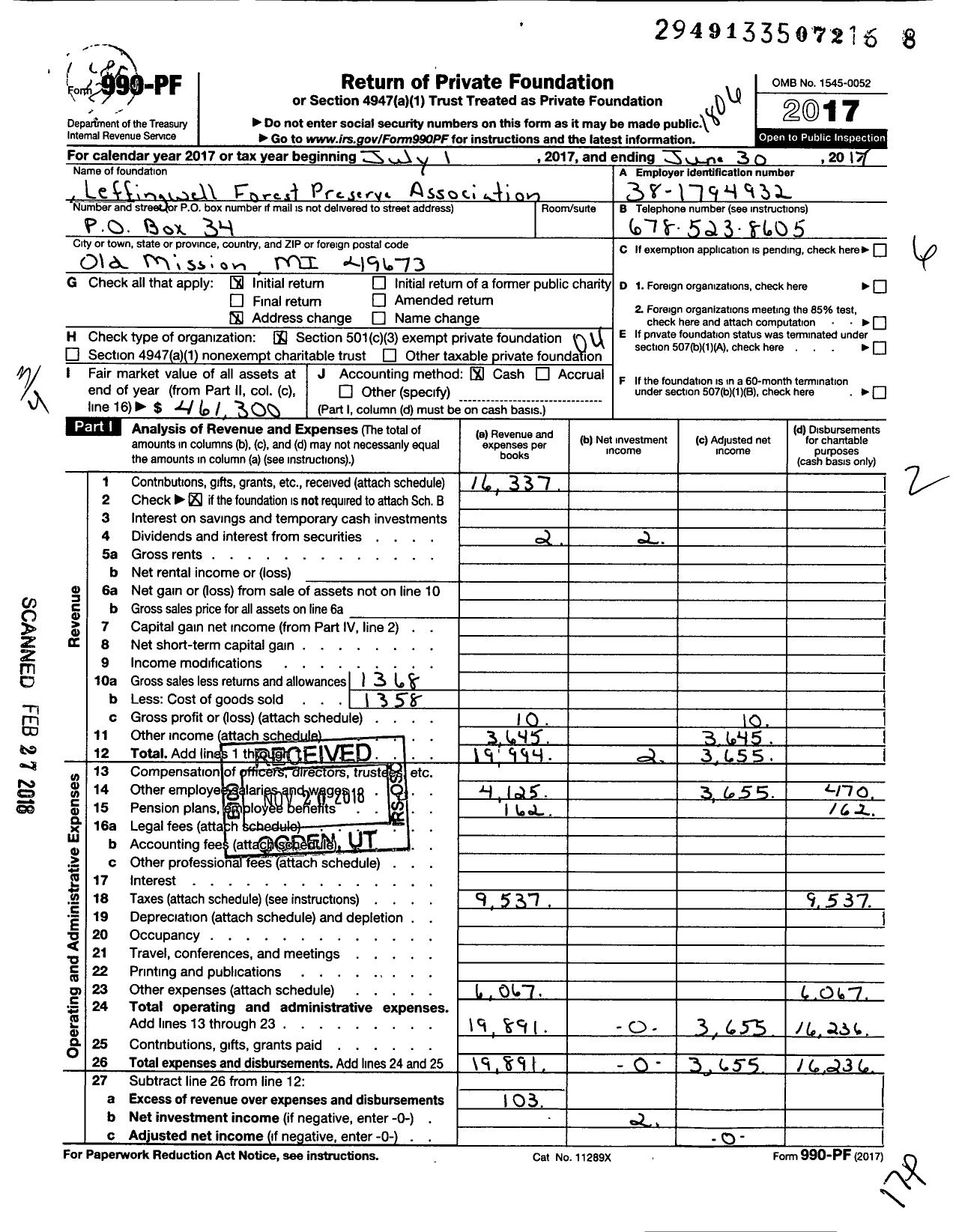 Image of first page of 2017 Form 990PF for Leffingwell Forest Preserve Association