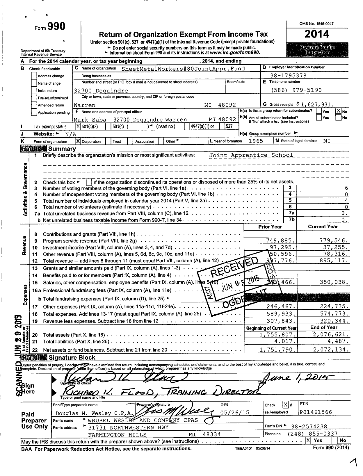 Image of first page of 2014 Form 990 for Sheet Metal Local 80 Joint Apprenticeship Fund