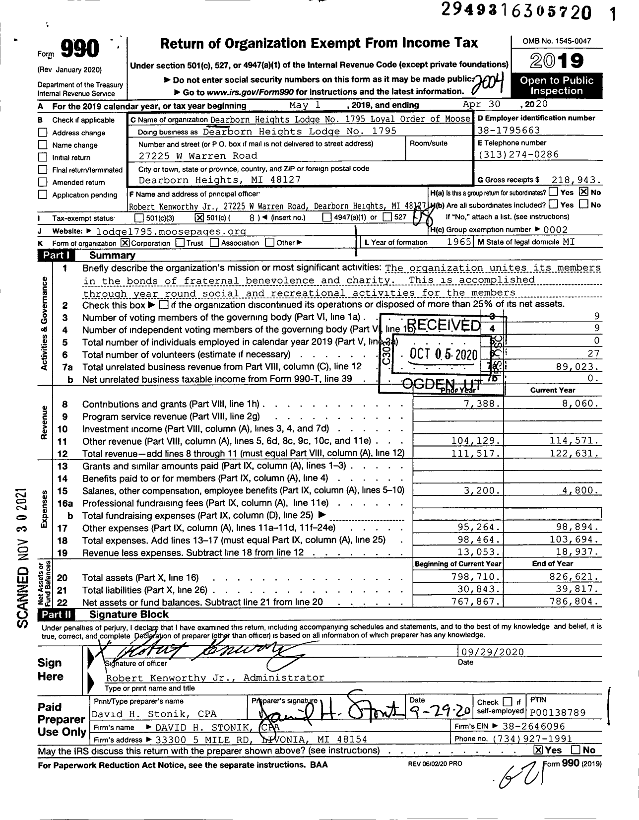 Image of first page of 2019 Form 990O for Loyal Order of Moose - Dearborn Heights Lodge No 1795