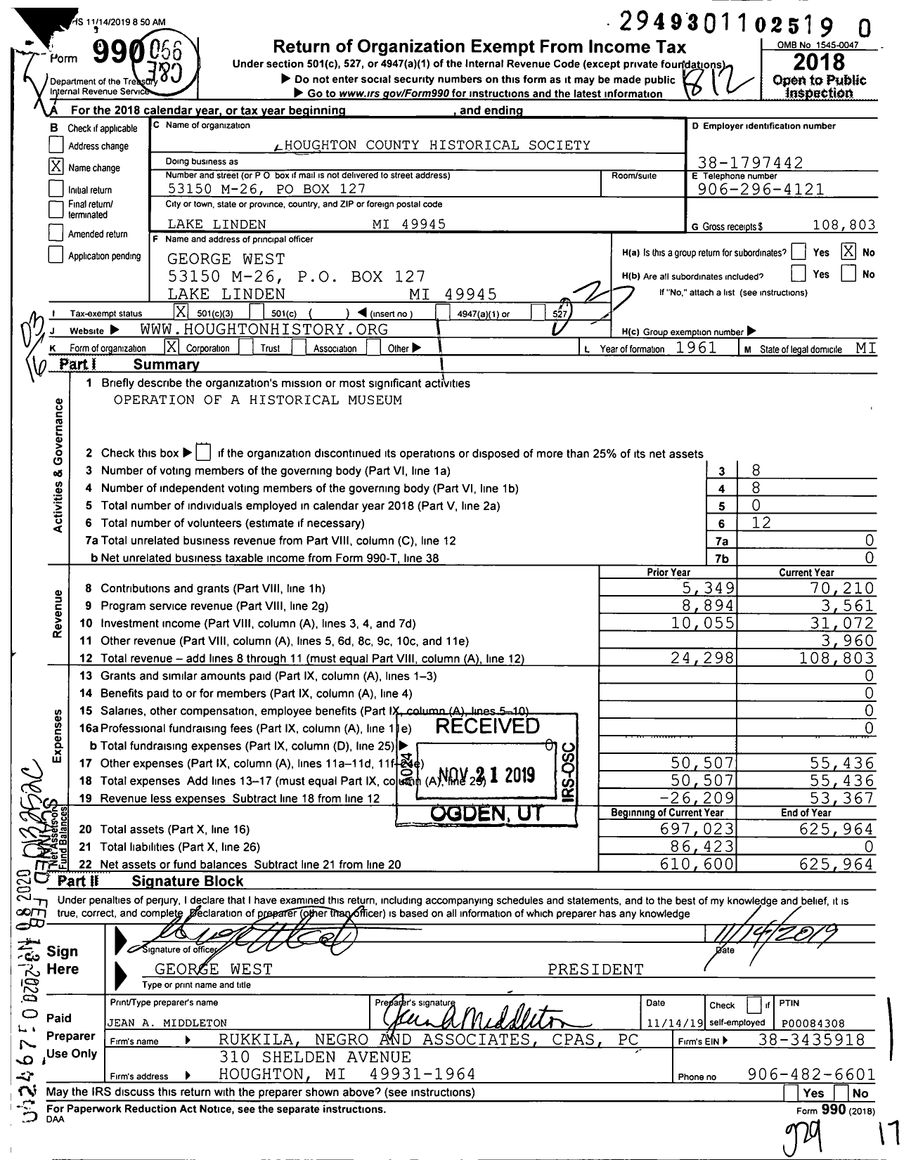 Image of first page of 2018 Form 990 for Houghton County Historical Society