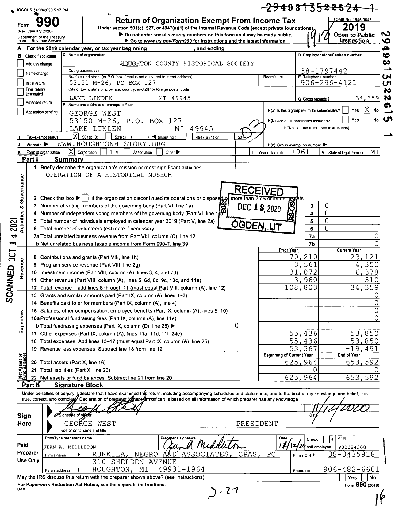 Image of first page of 2019 Form 990 for Houghton County Historical Society