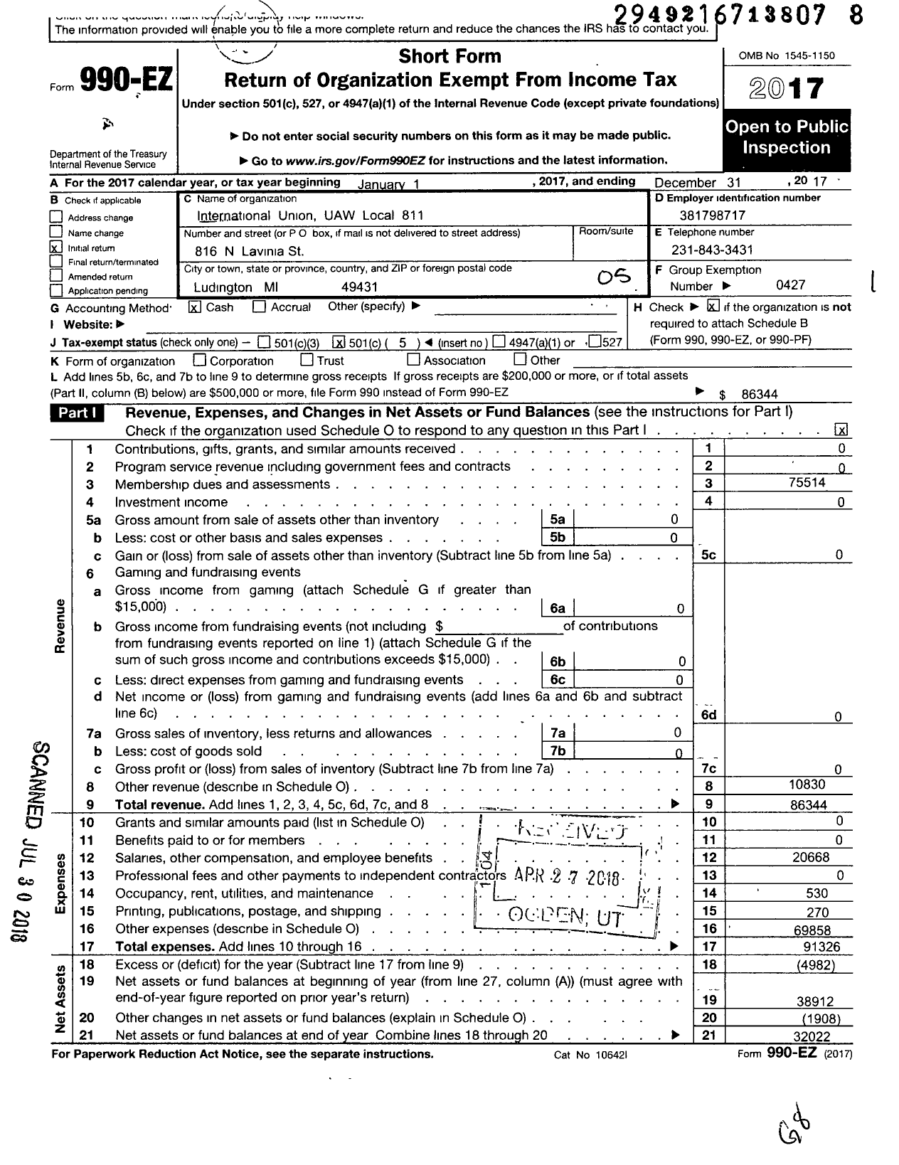 Image of first page of 2017 Form 990EO for Uaw - International Union Uaw Local 811