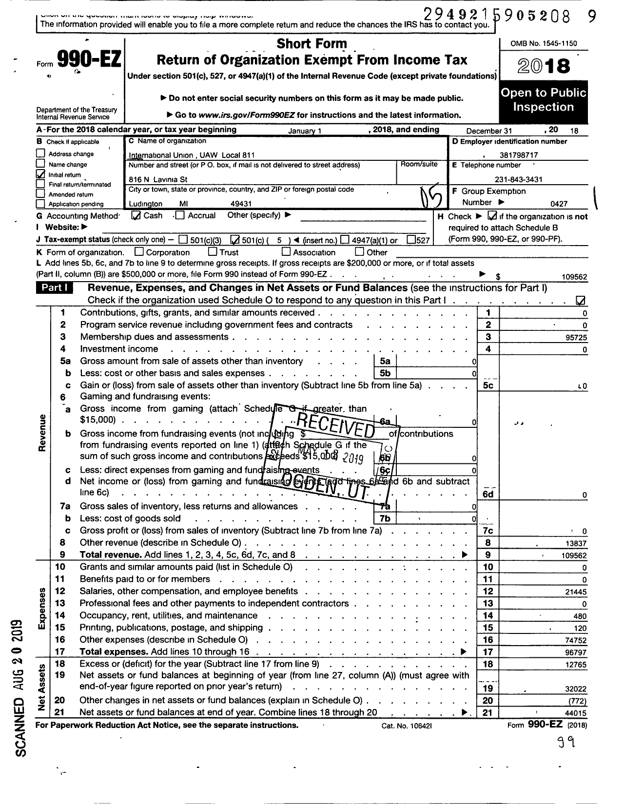 Image of first page of 2018 Form 990EO for Uaw - International Union Uaw Local 811