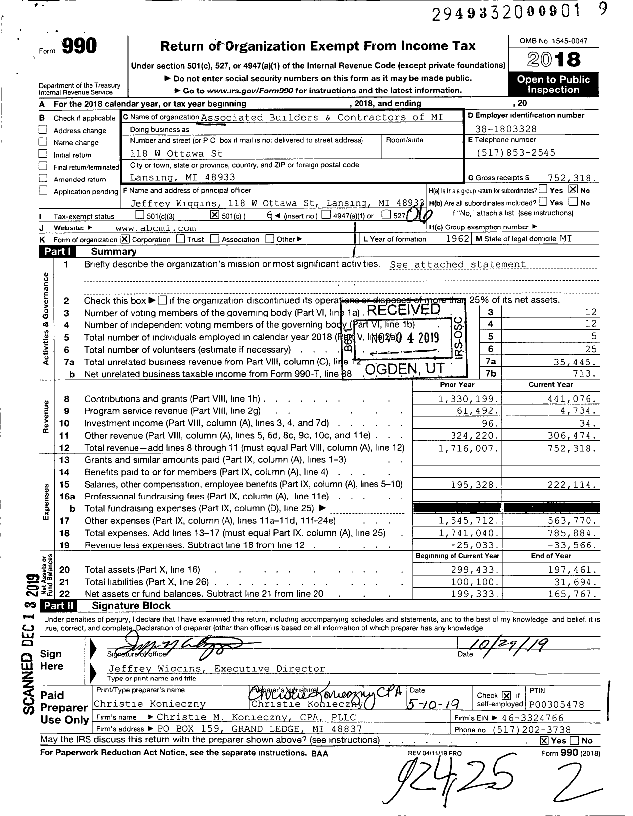 Image of first page of 2018 Form 990O for Associated Builders & Contractors of MI