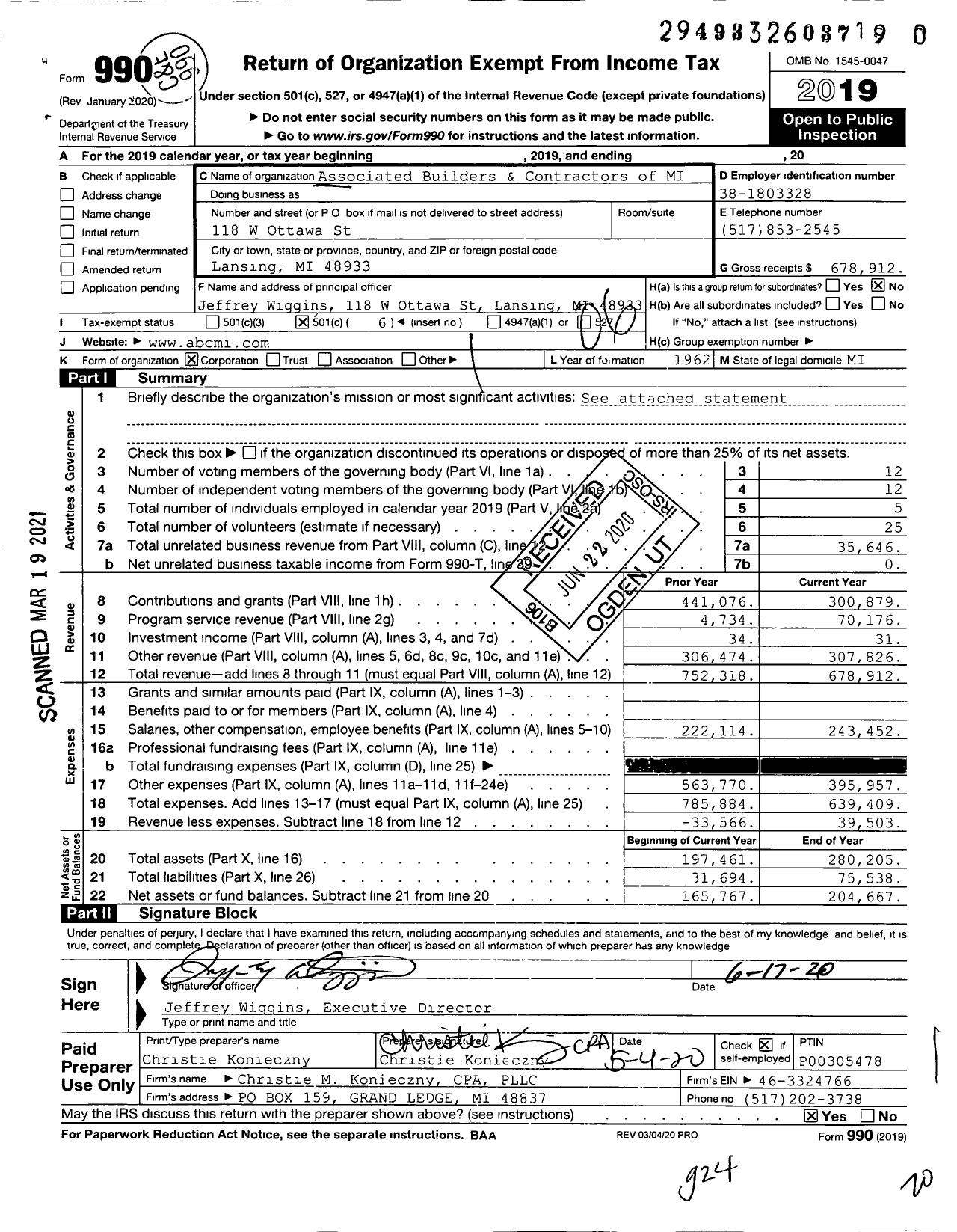 Image of first page of 2019 Form 990O for Associated Builders & Contractors of MI