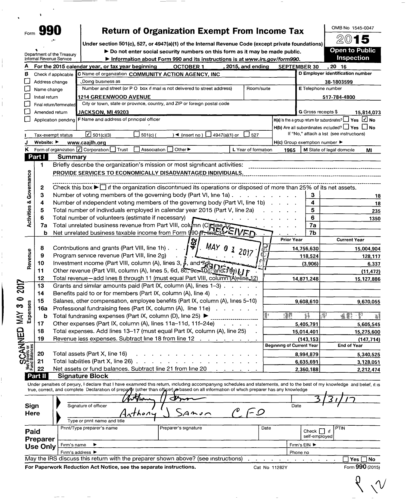 Image of first page of 2015 Form 990 for Community Action Agency
