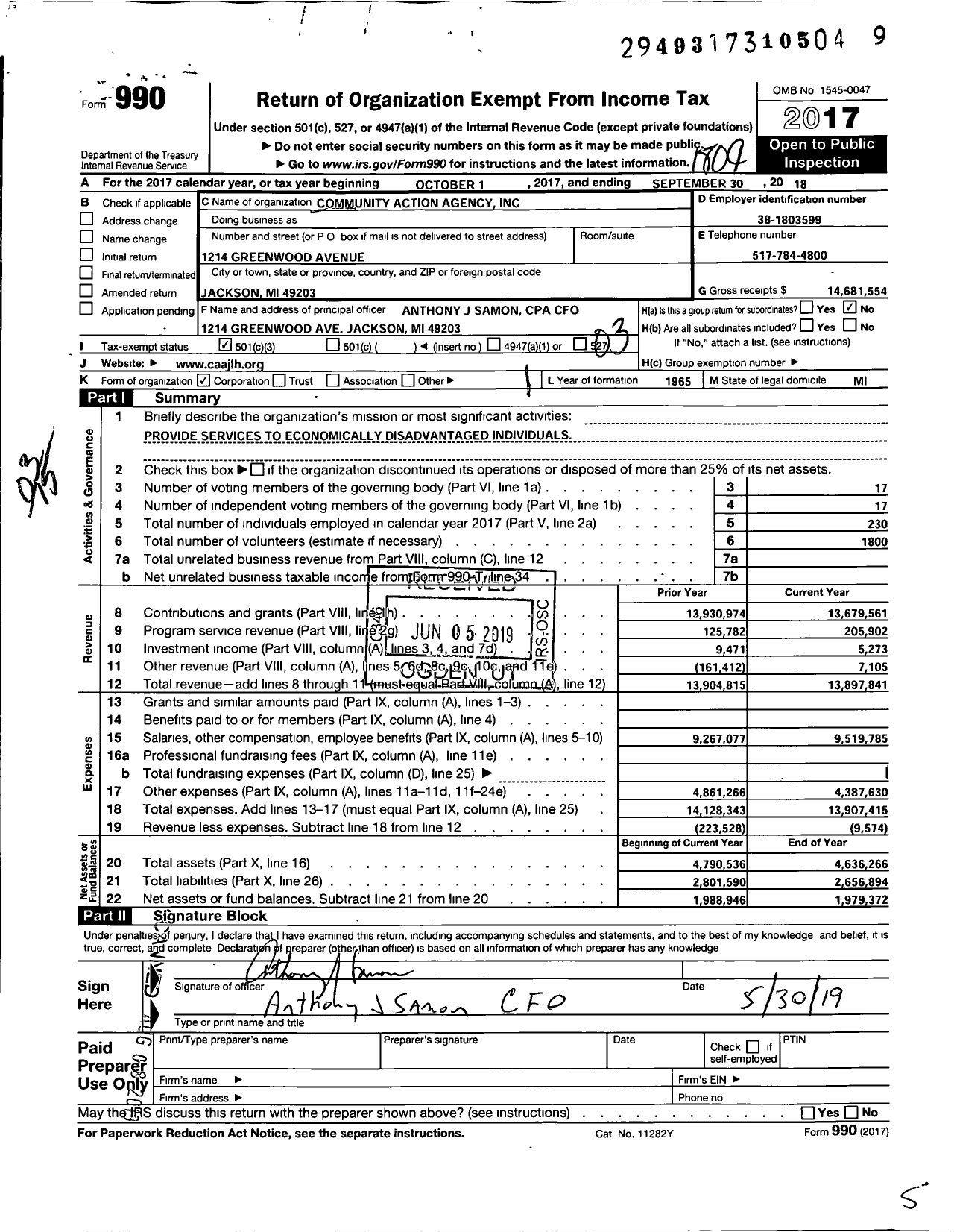 Image of first page of 2017 Form 990 for Community Action Agency