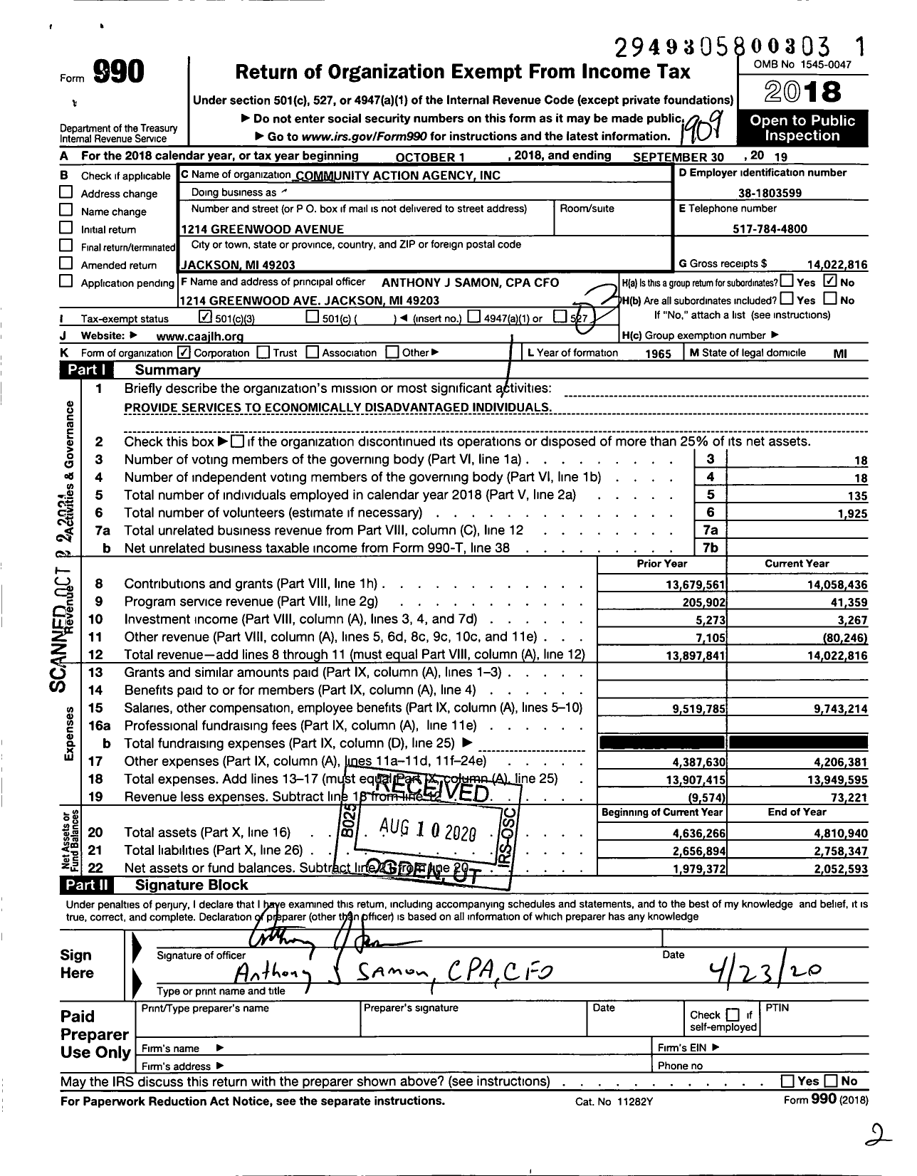 Image of first page of 2018 Form 990 for Community Action Agency