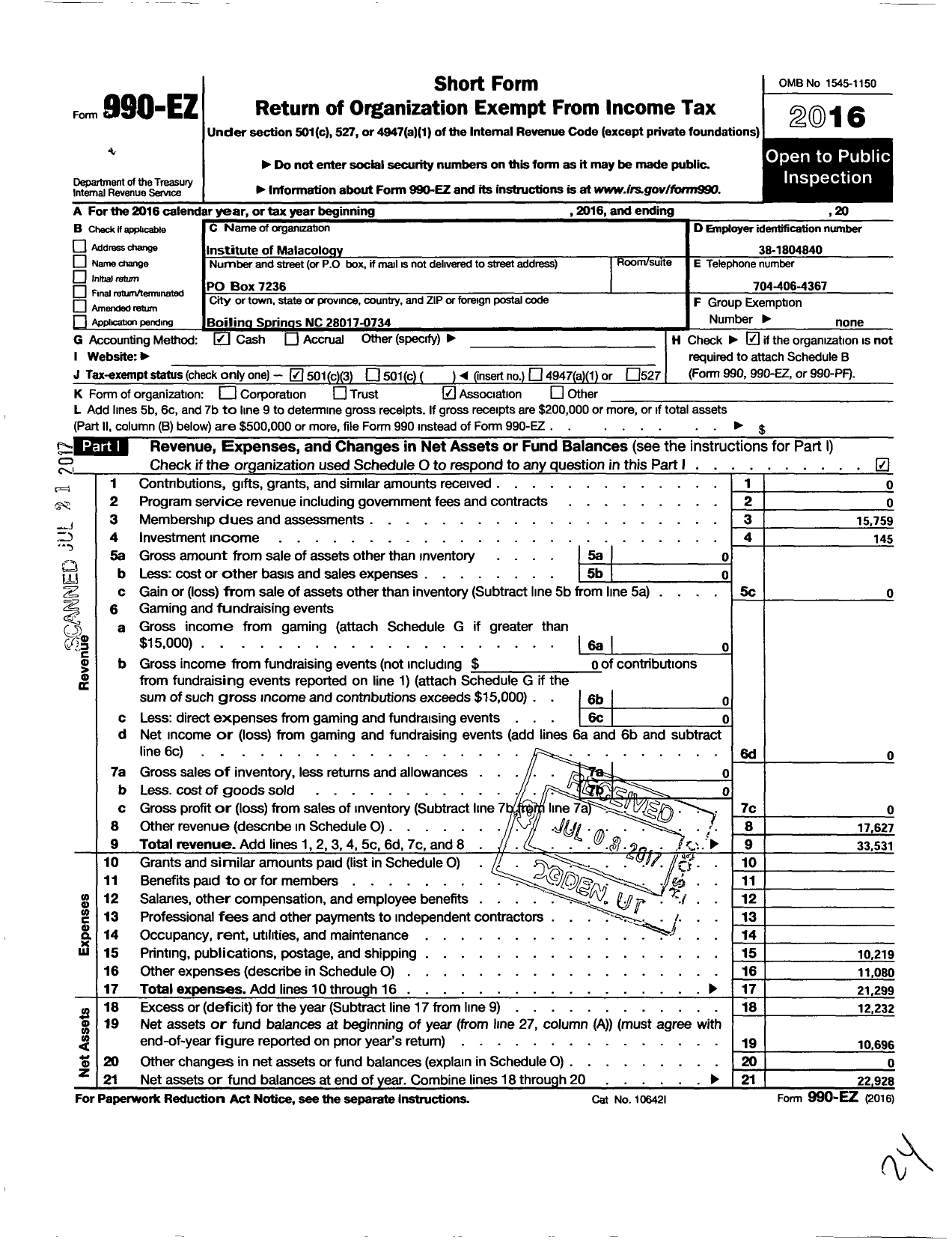 Image of first page of 2016 Form 990EZ for Institute of Malacology