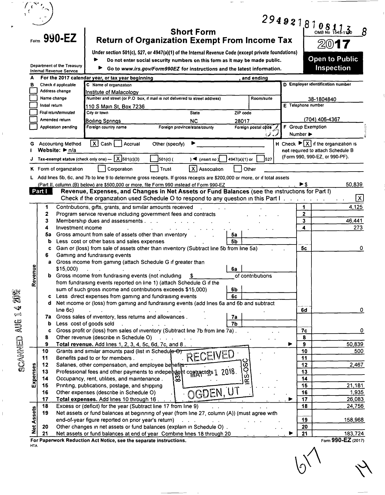 Image of first page of 2017 Form 990EZ for Institute of Malacology