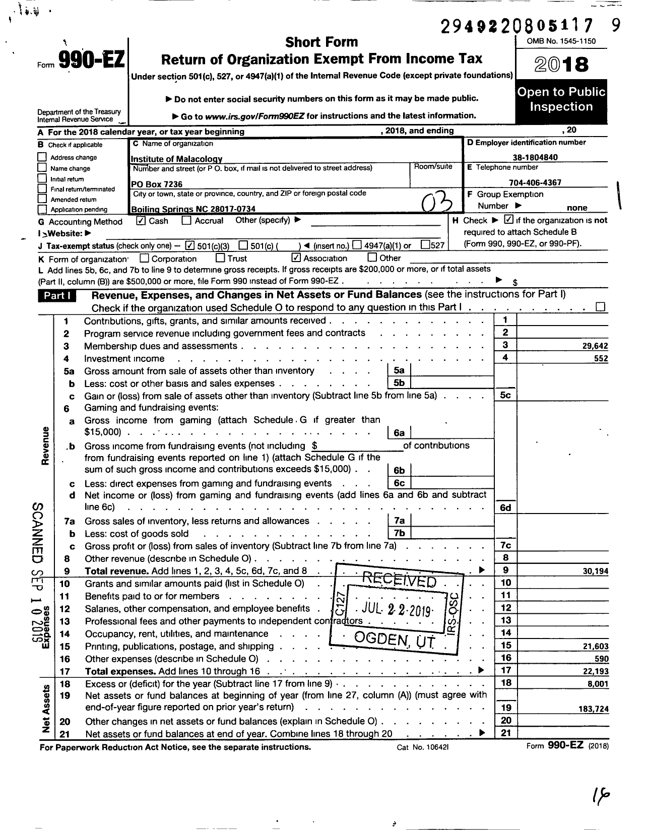 Image of first page of 2018 Form 990EZ for Institute of Malacology