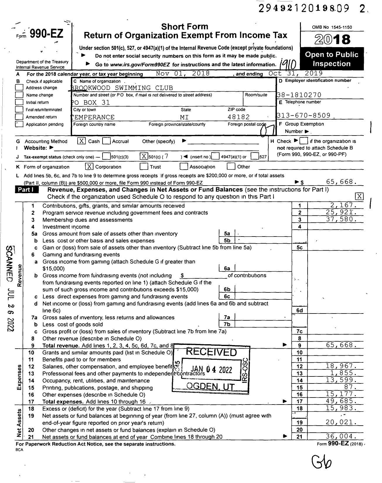 Image of first page of 2018 Form 990EO for Brookwood Swimming Club