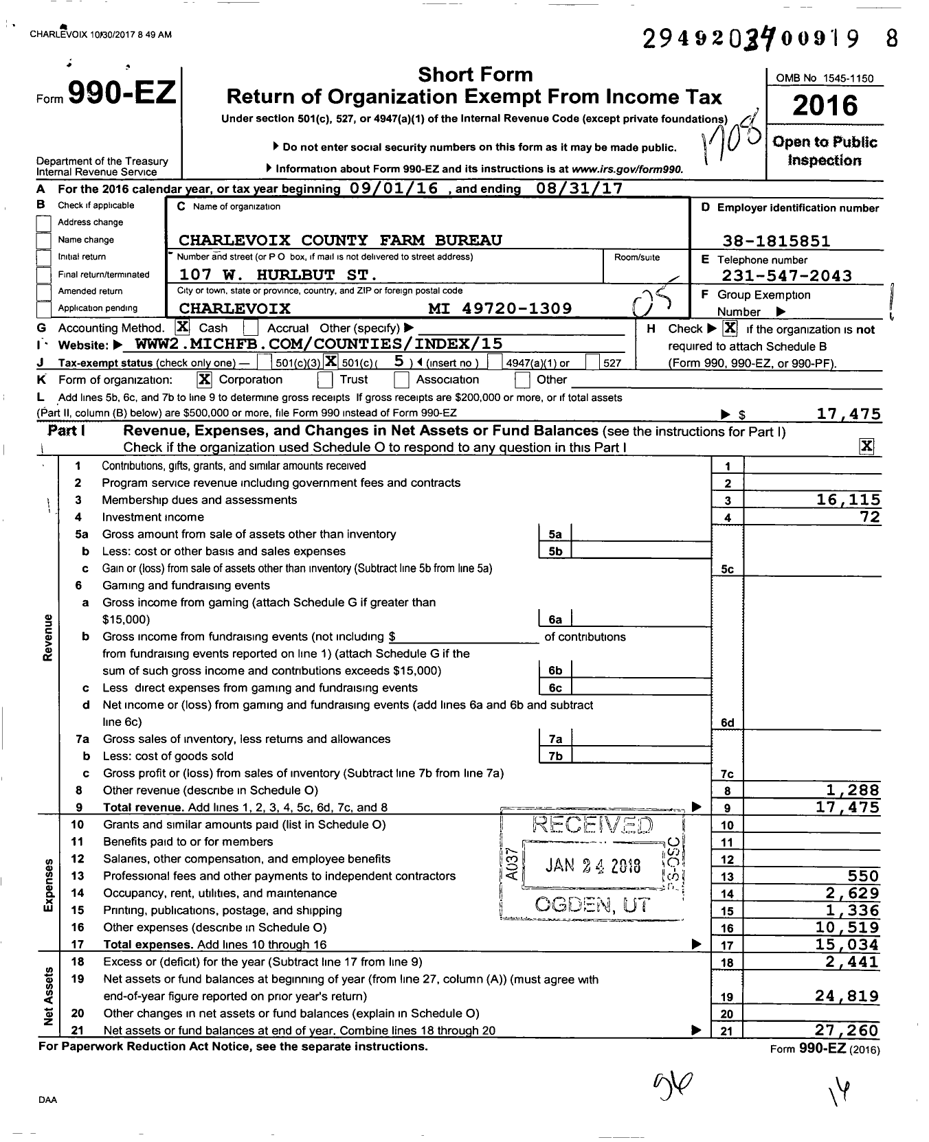 Image of first page of 2016 Form 990EO for Charlevoix County Farm Bureau