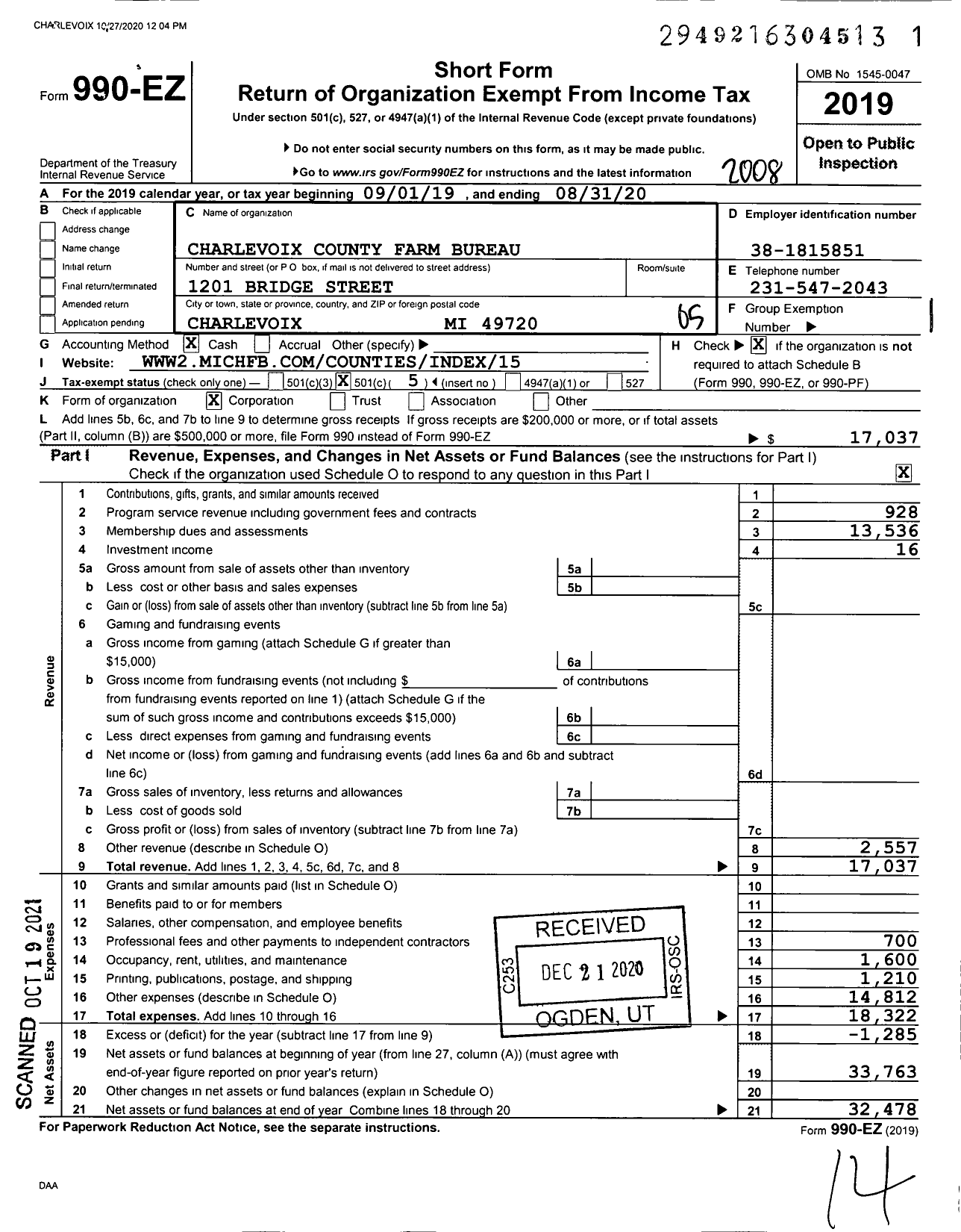 Image of first page of 2019 Form 990EO for Charlevoix County Farm Bureau