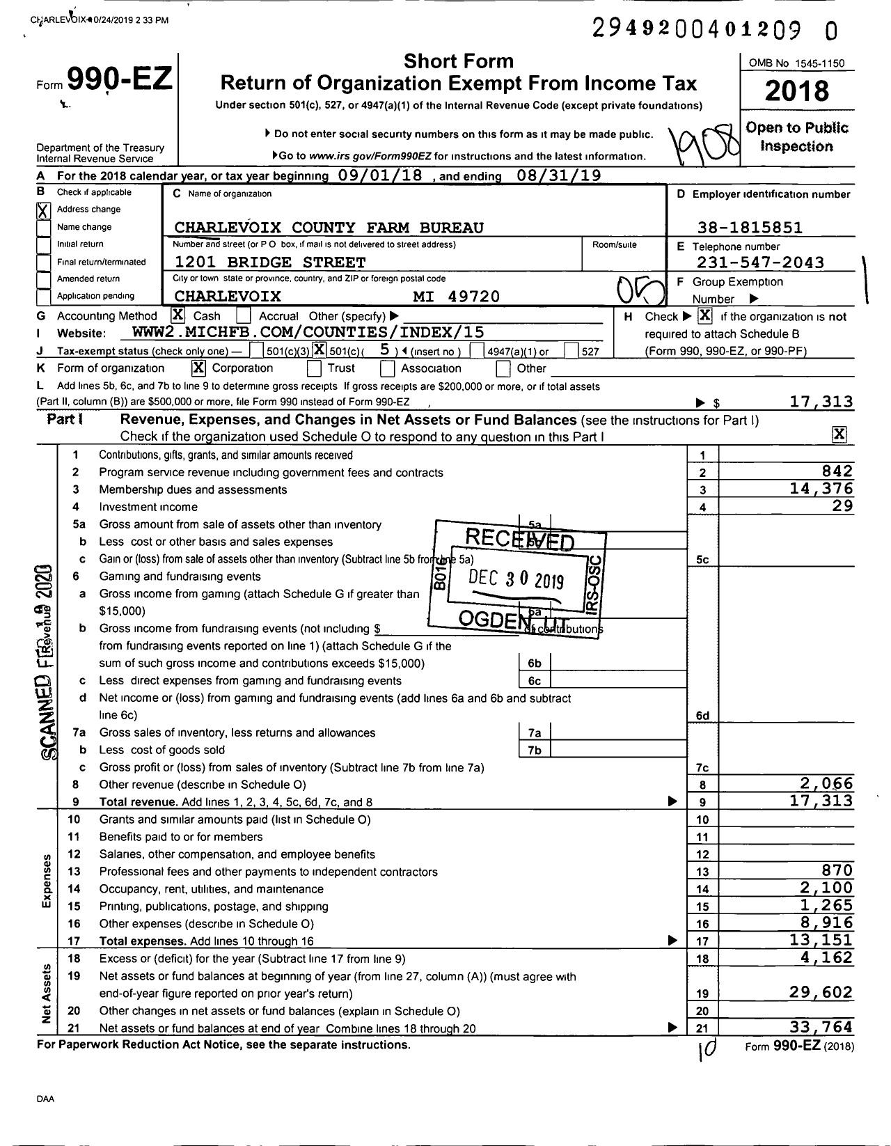 Image of first page of 2018 Form 990EO for Charlevoix County Farm Bureau