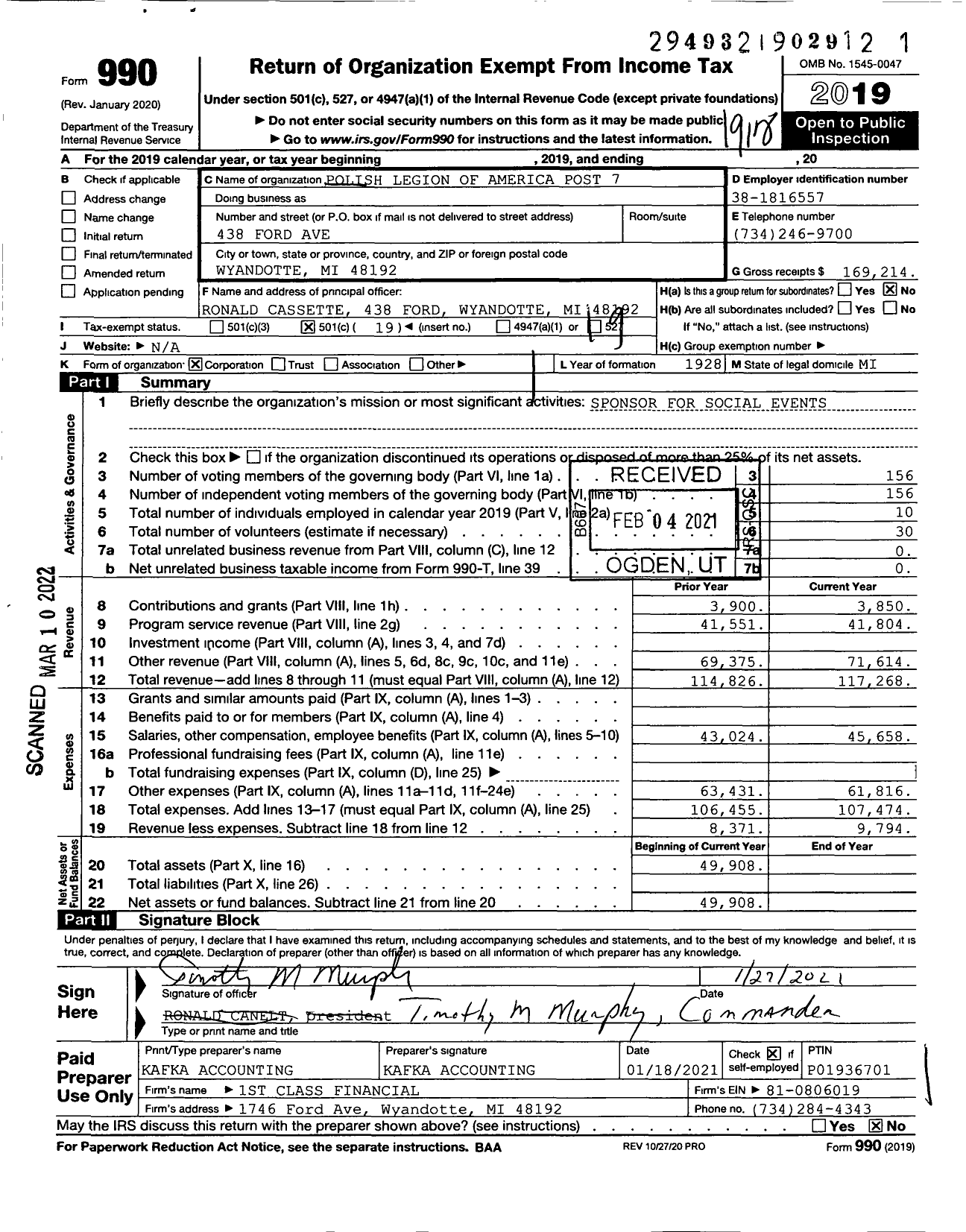 Image of first page of 2019 Form 990O for Polish Legion of American Veterans USA - 7 Chas Wojno Memorial Home Post