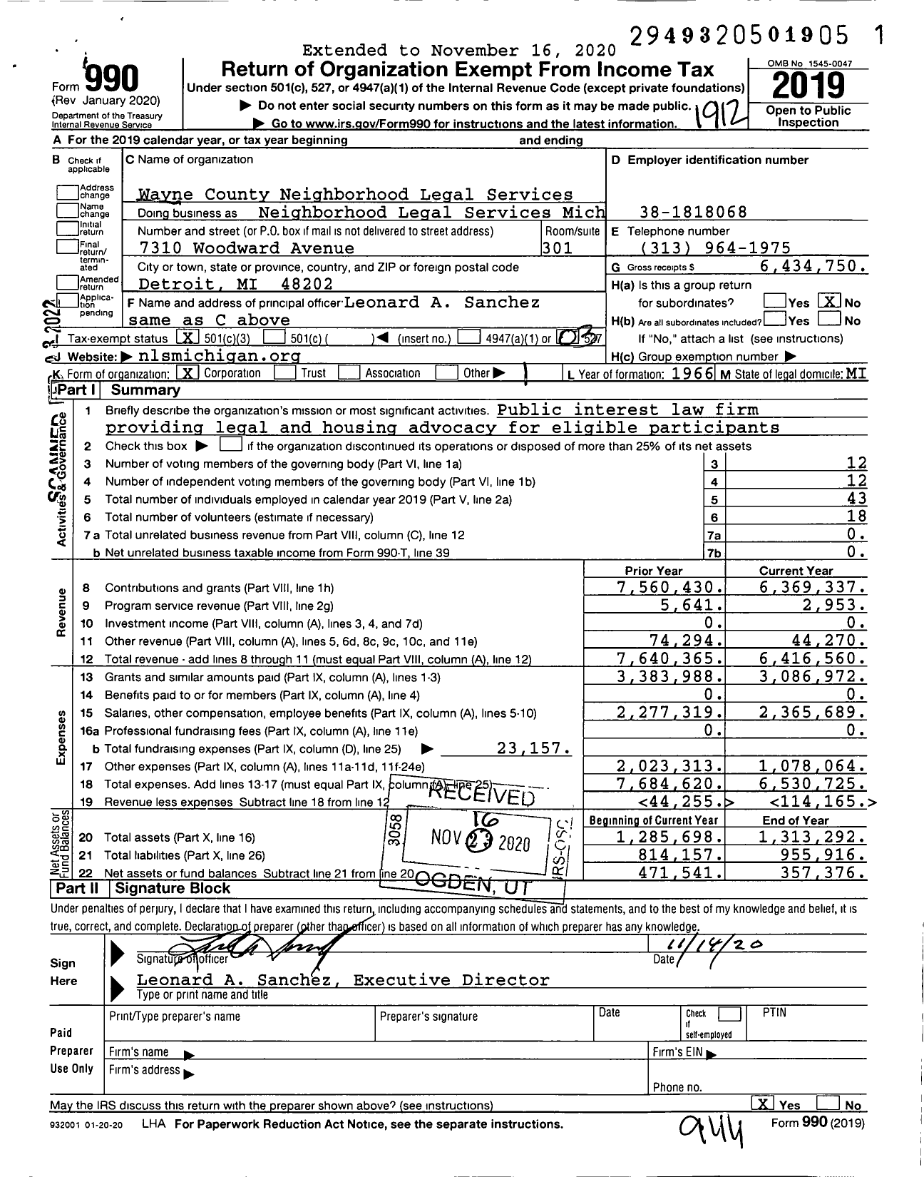 Image of first page of 2019 Form 990 for Neighborhood Legal Services Mich (NLSM)