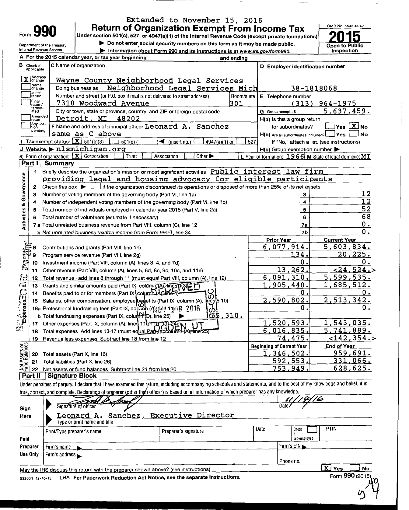 Image of first page of 2015 Form 990 for Neighborhood Legal Services Mich (NLSM)