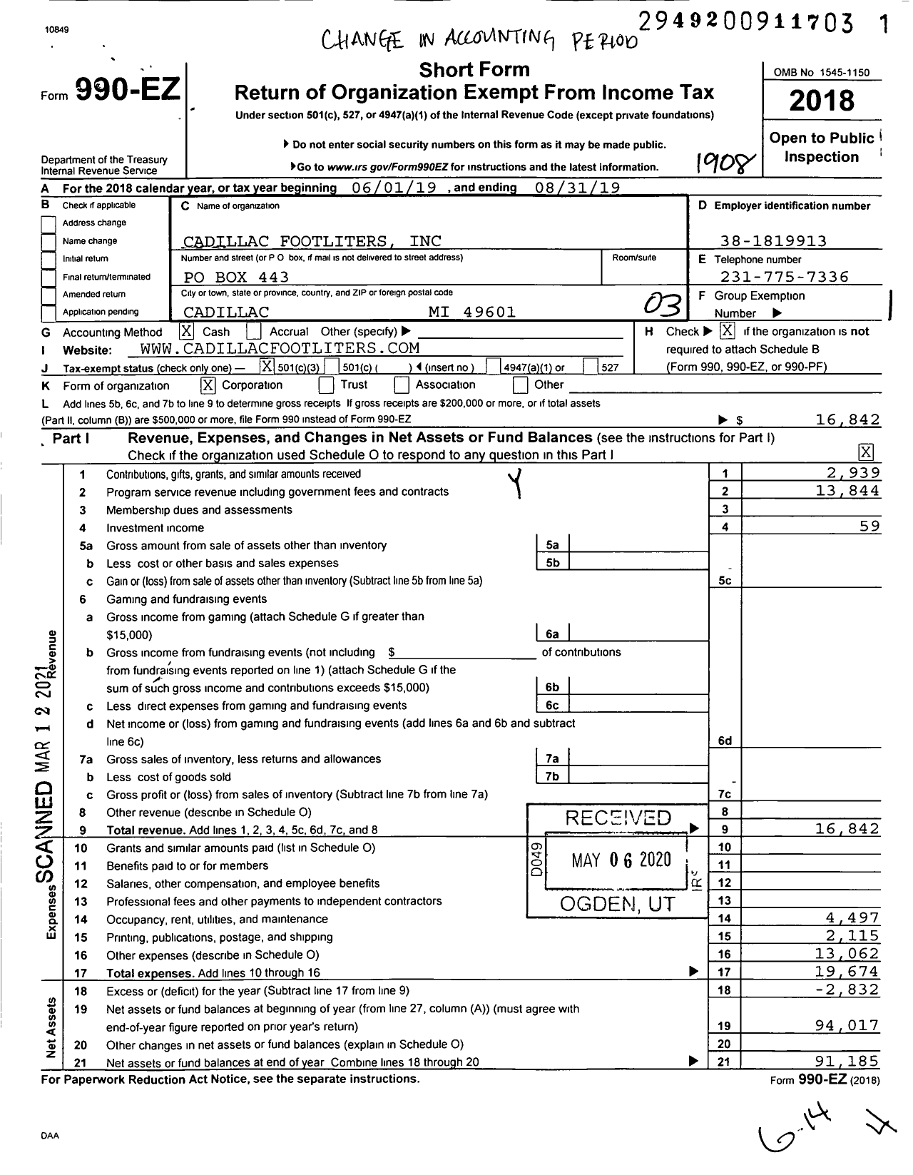 Image of first page of 2018 Form 990EZ for Cadillac Footliters