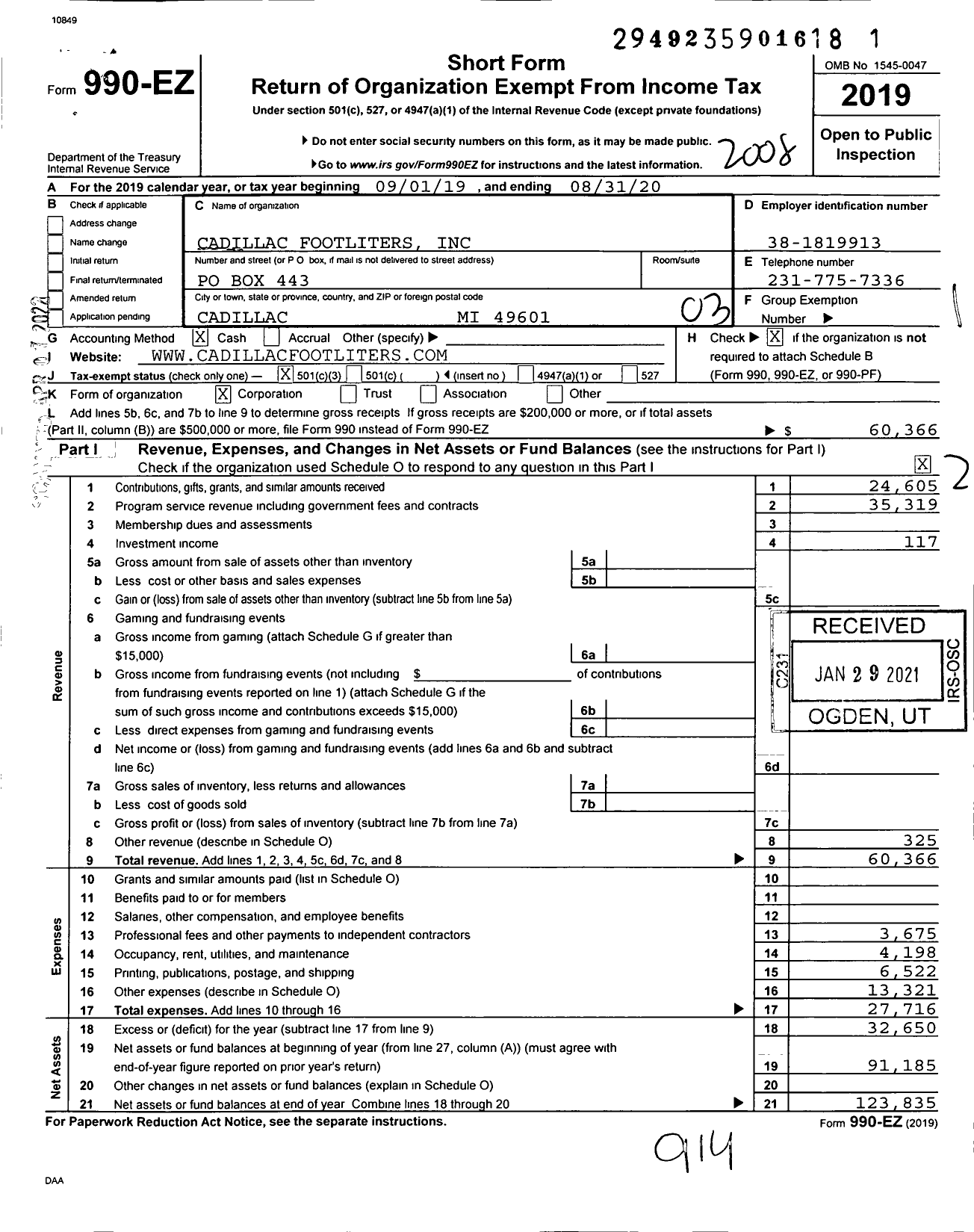 Image of first page of 2019 Form 990EZ for Cadillac Footliters