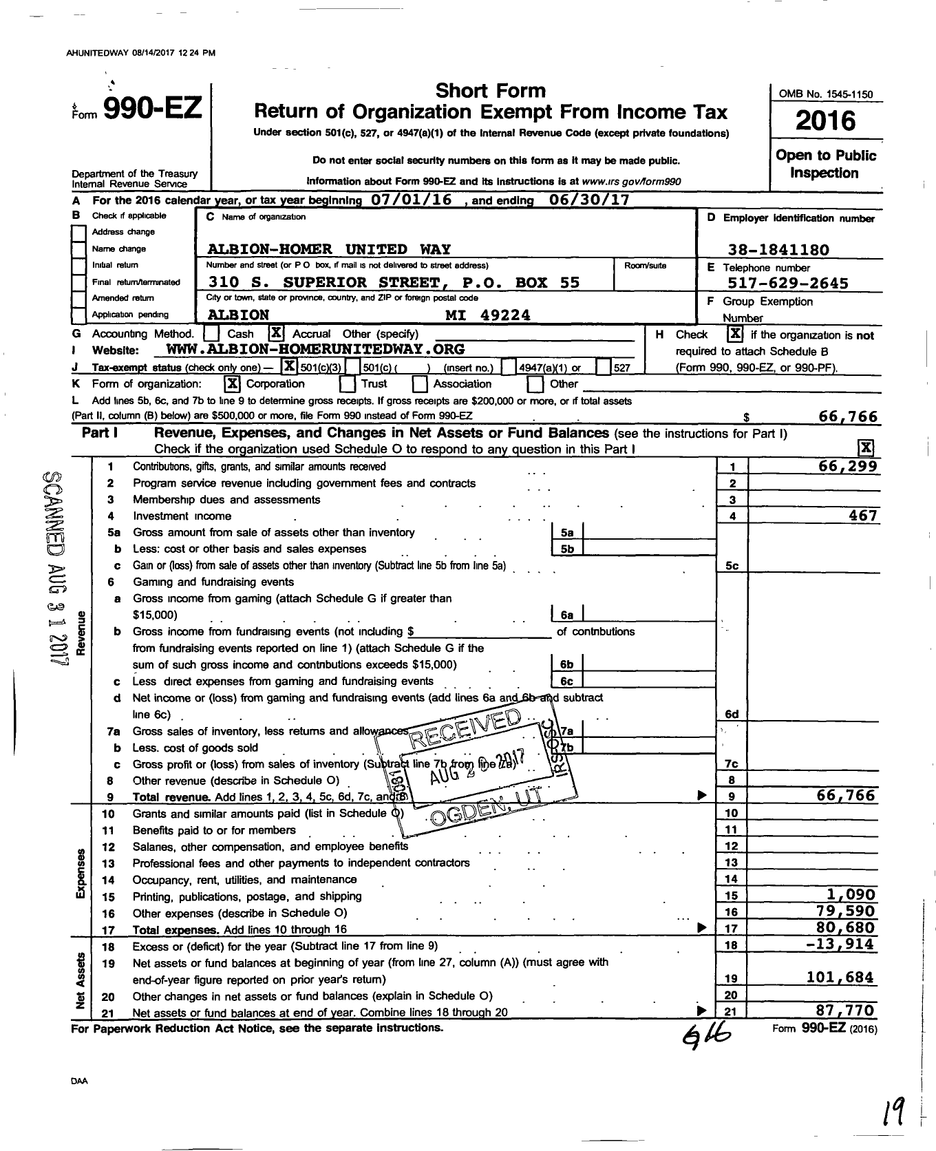 Image of first page of 2016 Form 990EZ for Albion-Homer United Way