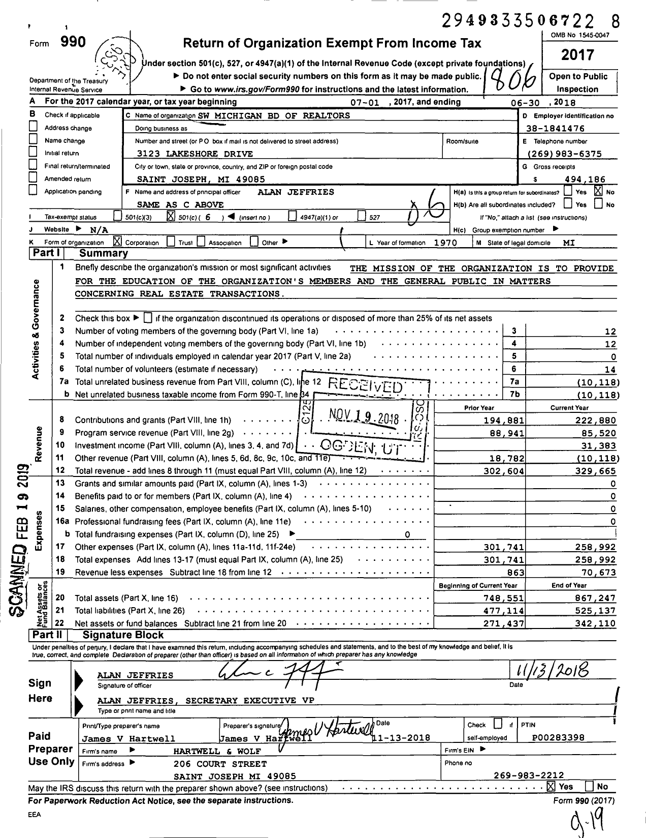 Image of first page of 2017 Form 990O for Southwestern Michigan Board of Realtors