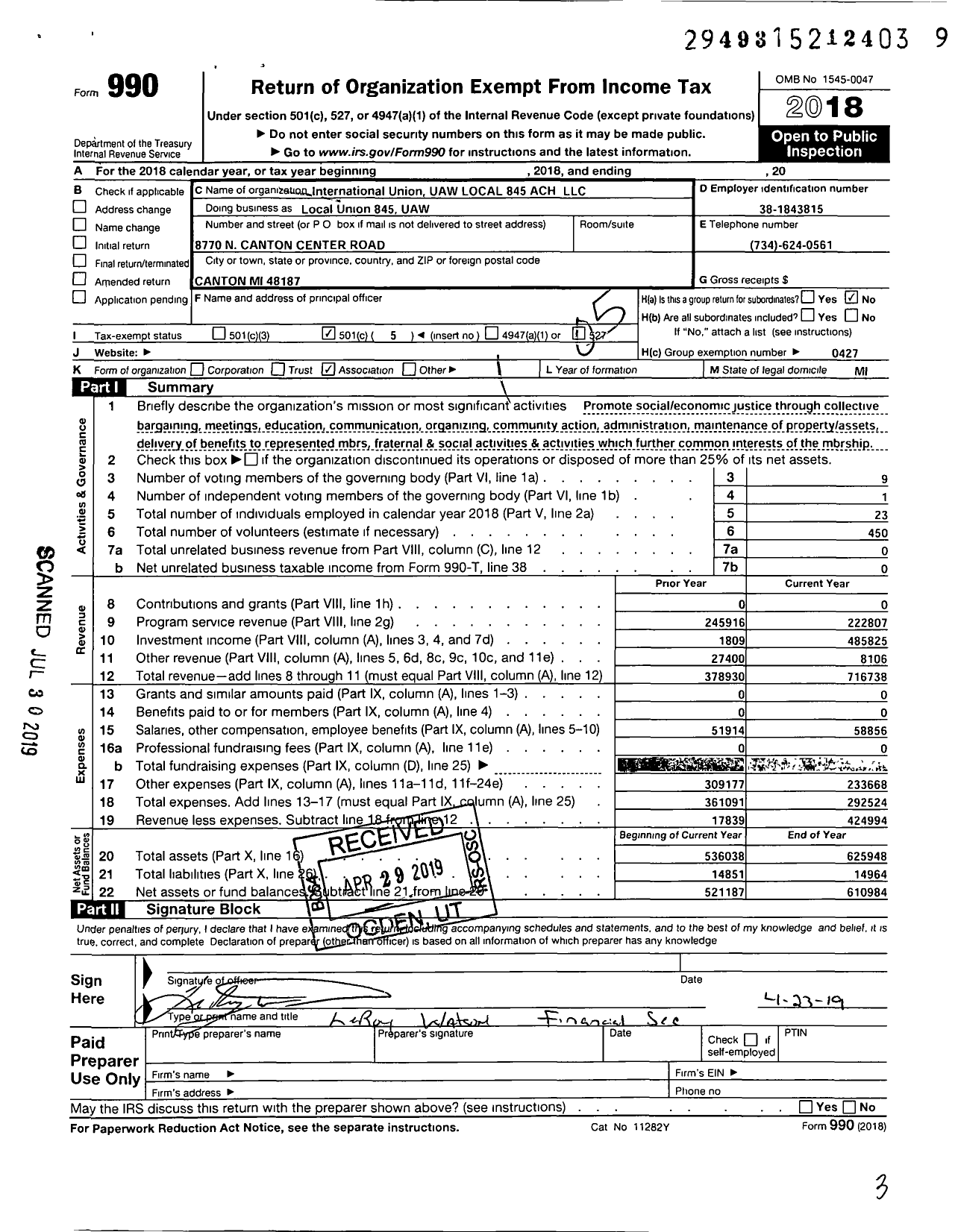 Image of first page of 2018 Form 990O for UAW - Local Union 845 UAW