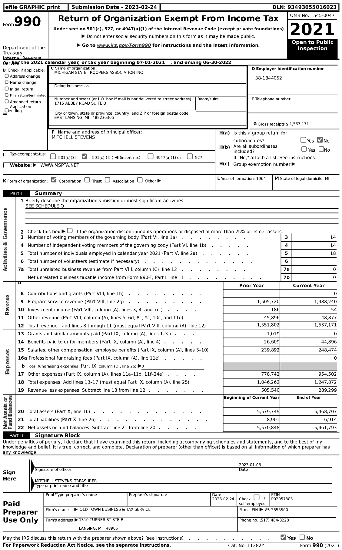 Image of first page of 2021 Form 990 for Michigan State Troopers Association