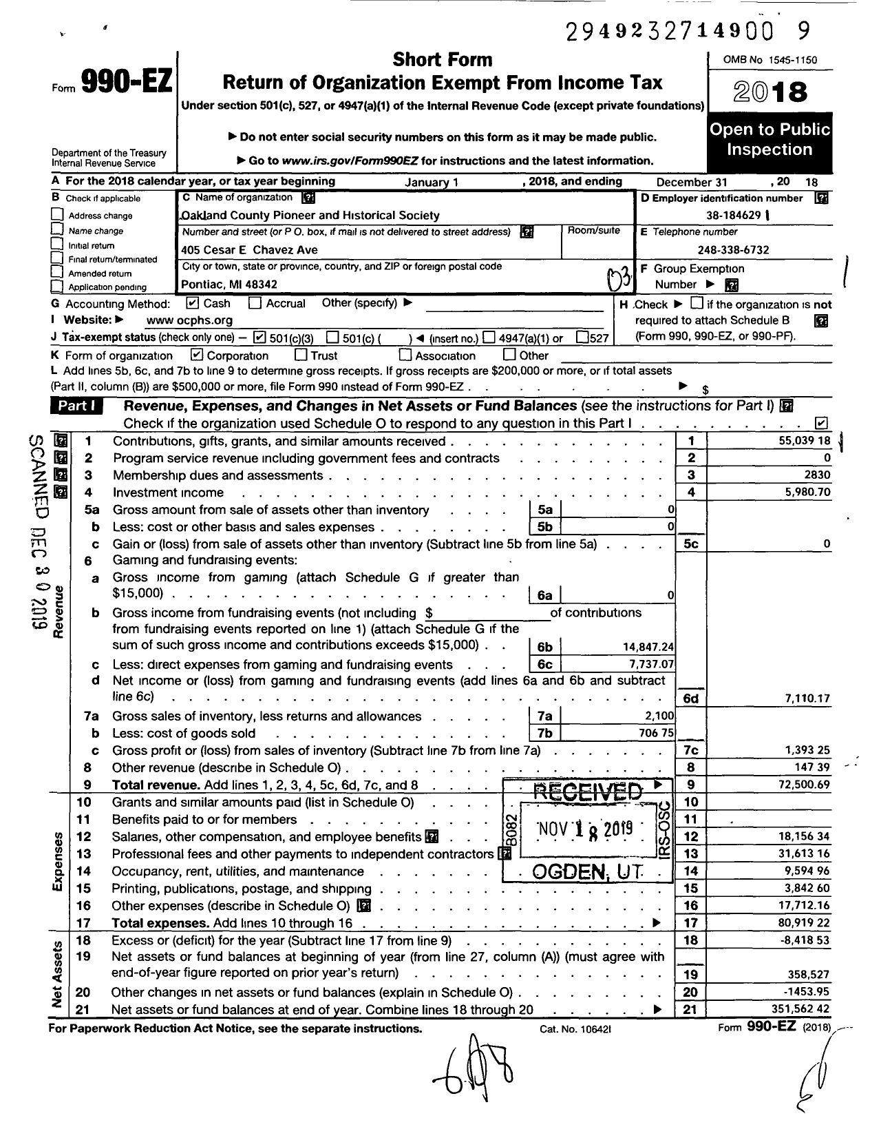 Image of first page of 2018 Form 990EZ for Oakland County Pioneer and Historical Society