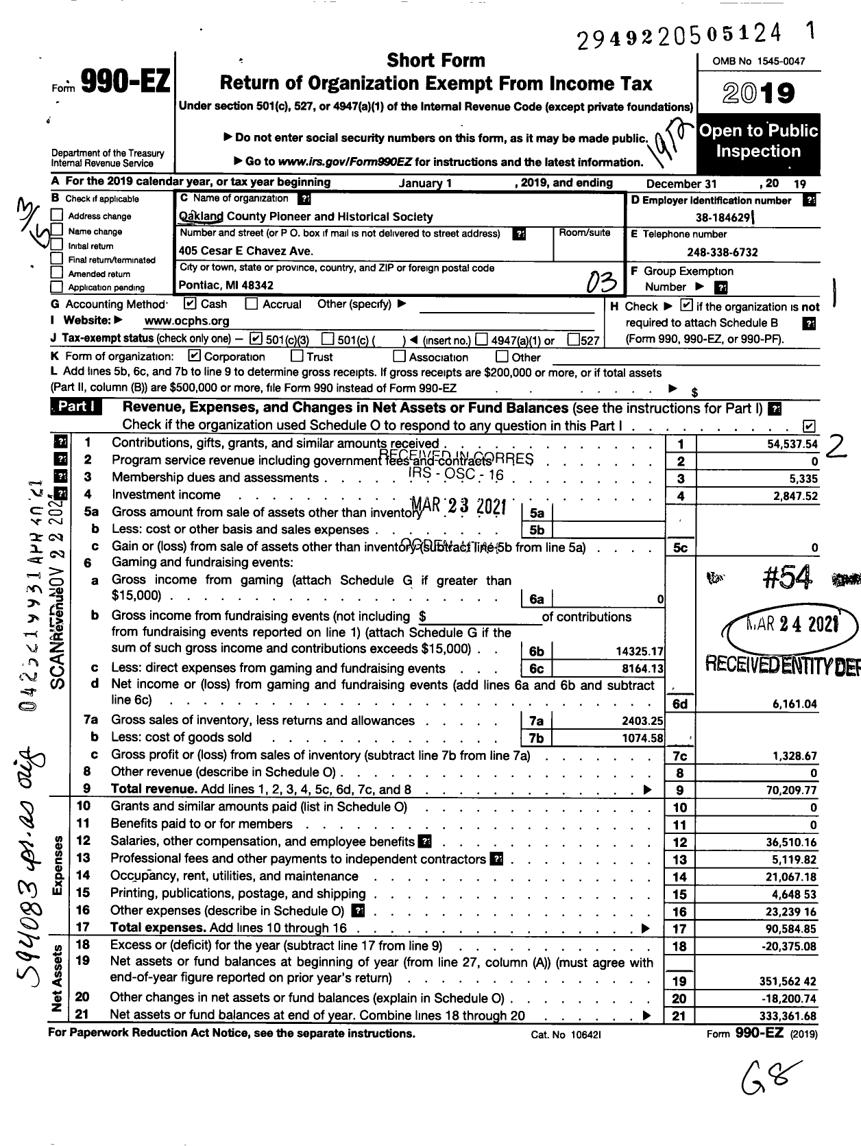 Image of first page of 2019 Form 990EZ for Oakland County Pioneer and Historical Society