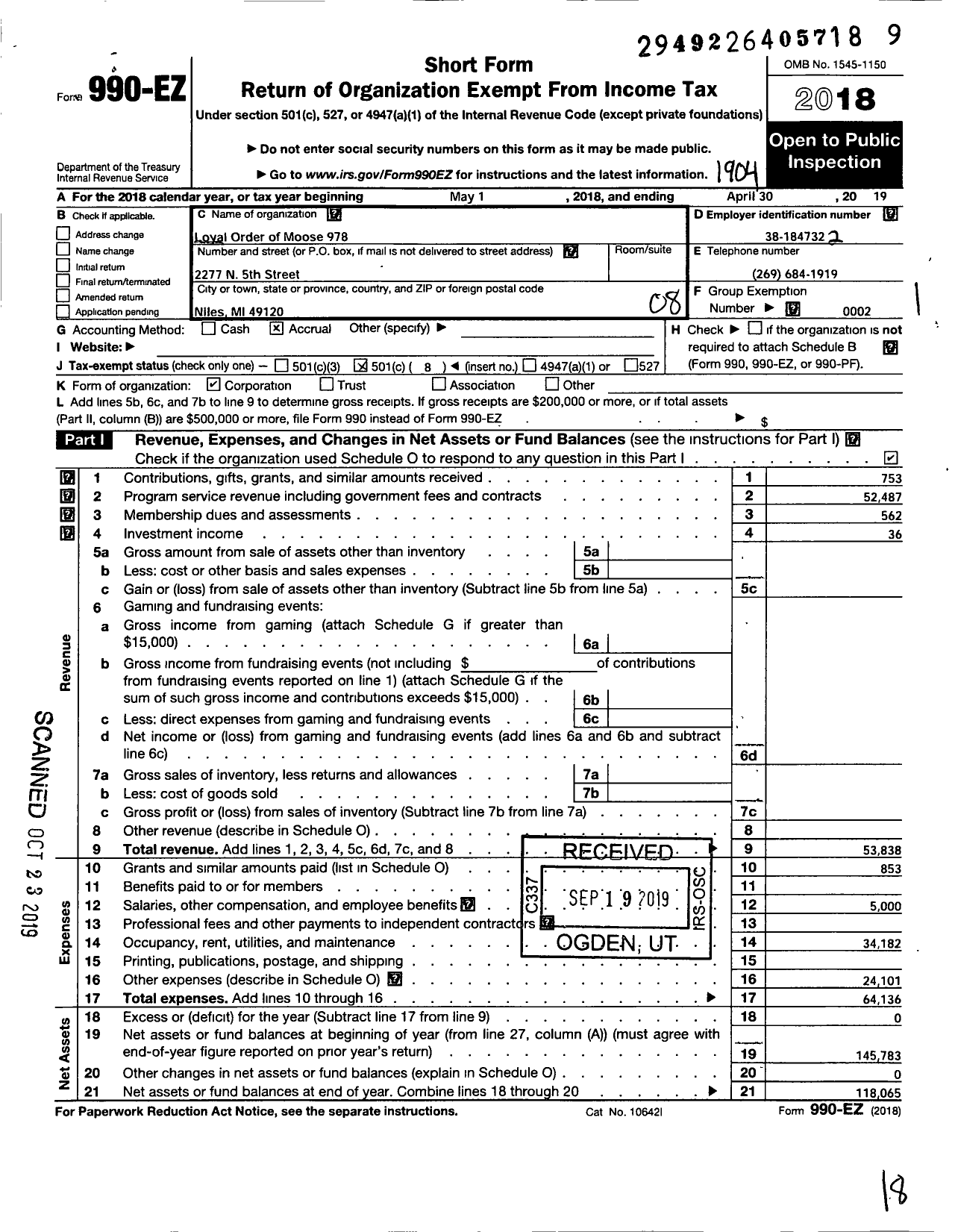 Image of first page of 2018 Form 990EO for Loyal Order of Moose - 978