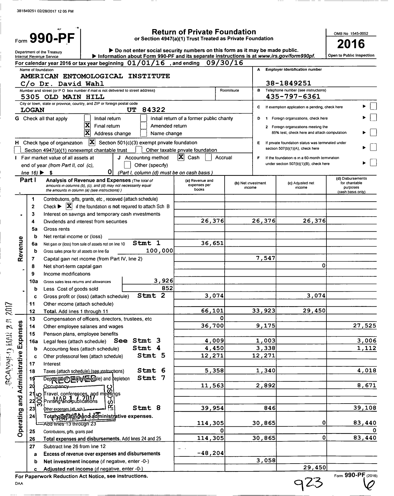 Image of first page of 2015 Form 990PF for American Entomological Institute