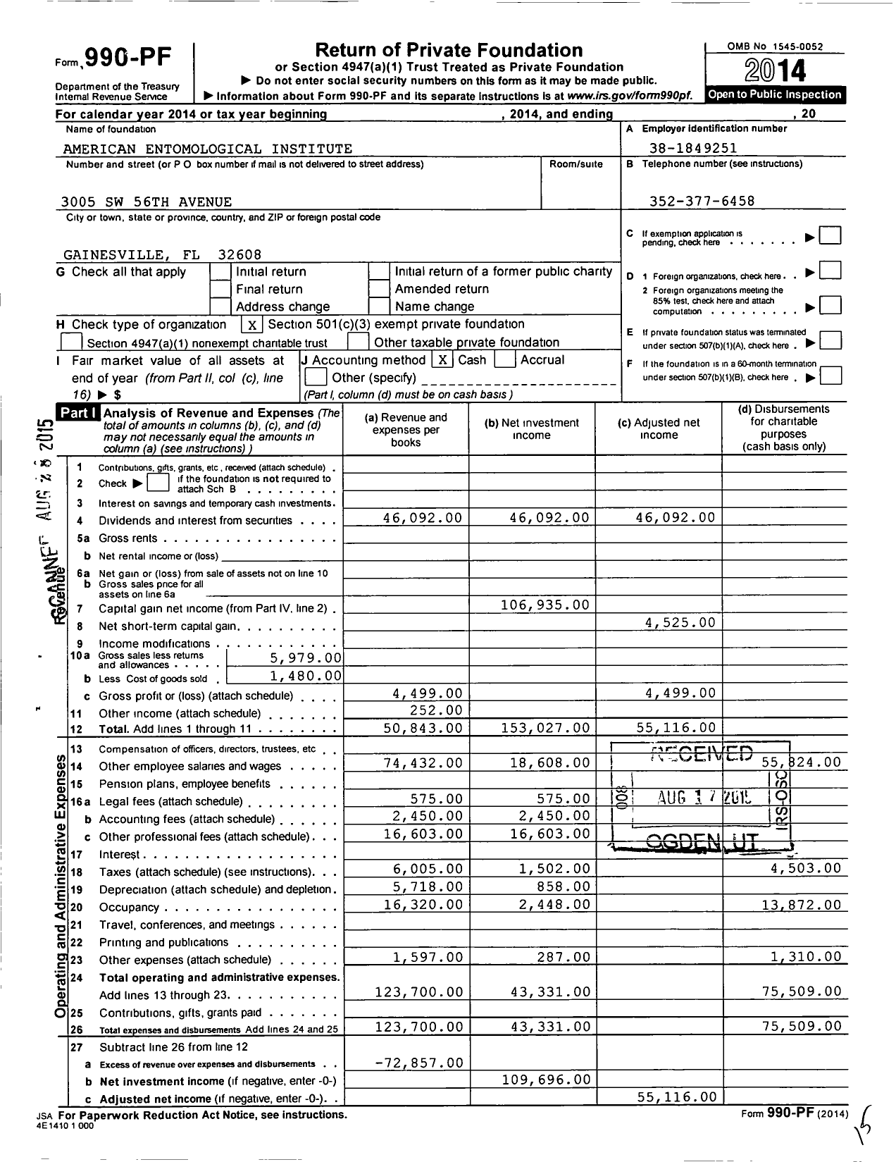 Image of first page of 2014 Form 990PF for American Entomological Institute