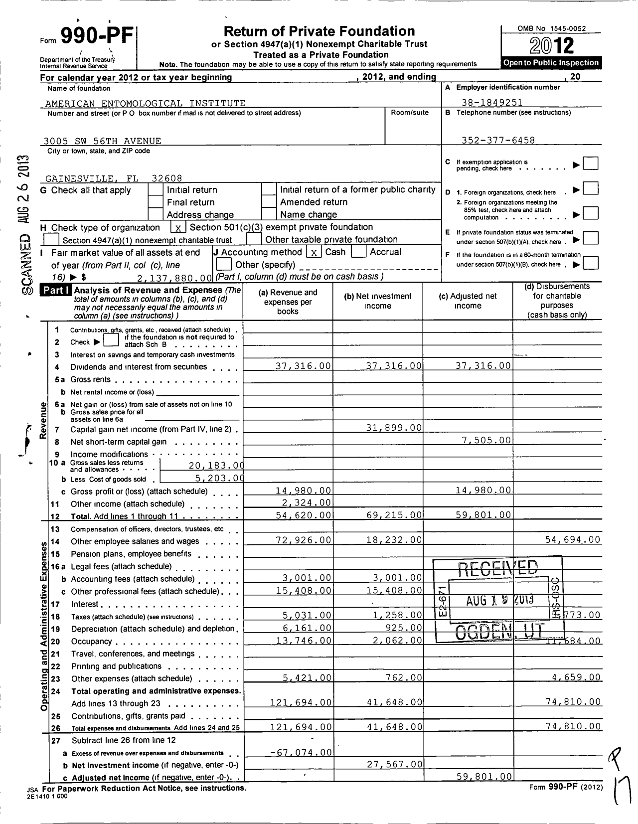 Image of first page of 2012 Form 990PF for American Entomological Institute