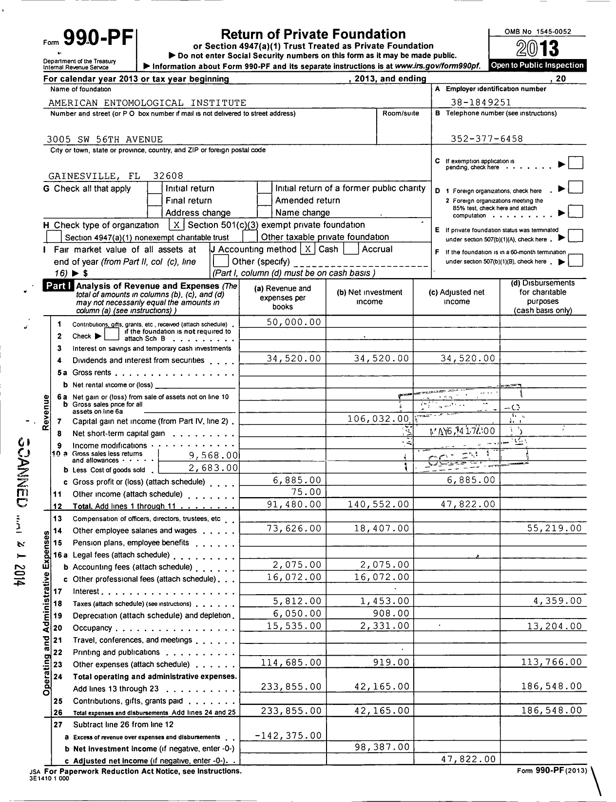 Image of first page of 2013 Form 990PF for American Entomological Institute