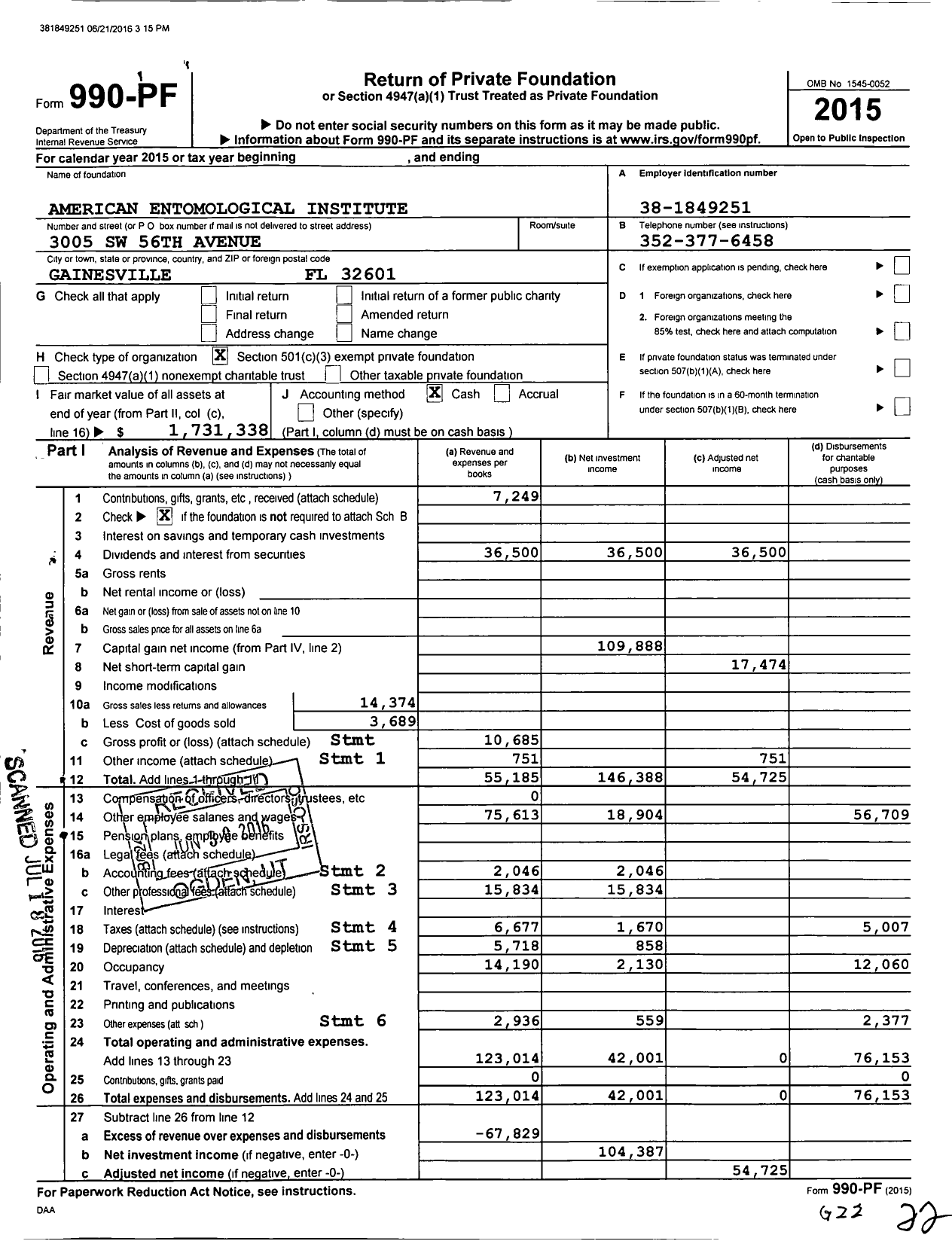 Image of first page of 2015 Form 990PF for American Entomological Institute