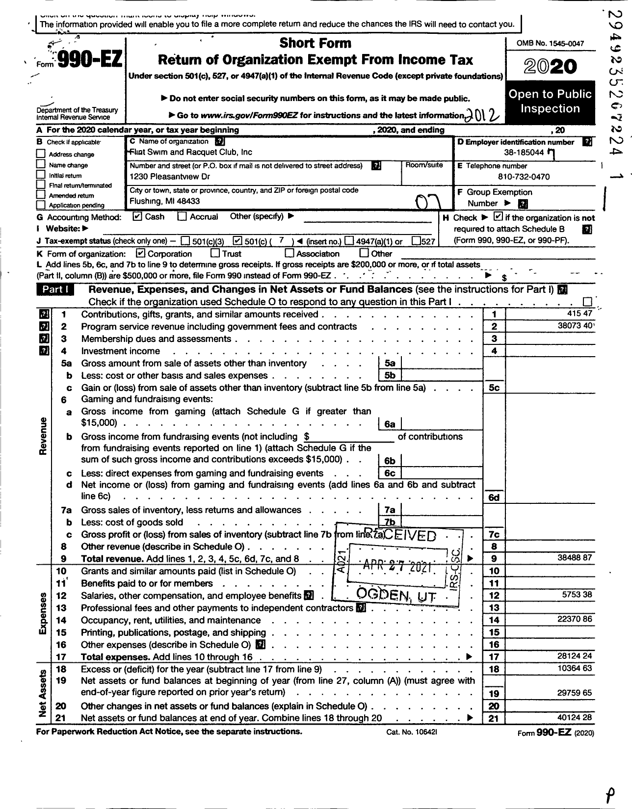 Image of first page of 2020 Form 990EO for Flint Swim and Racquet Club