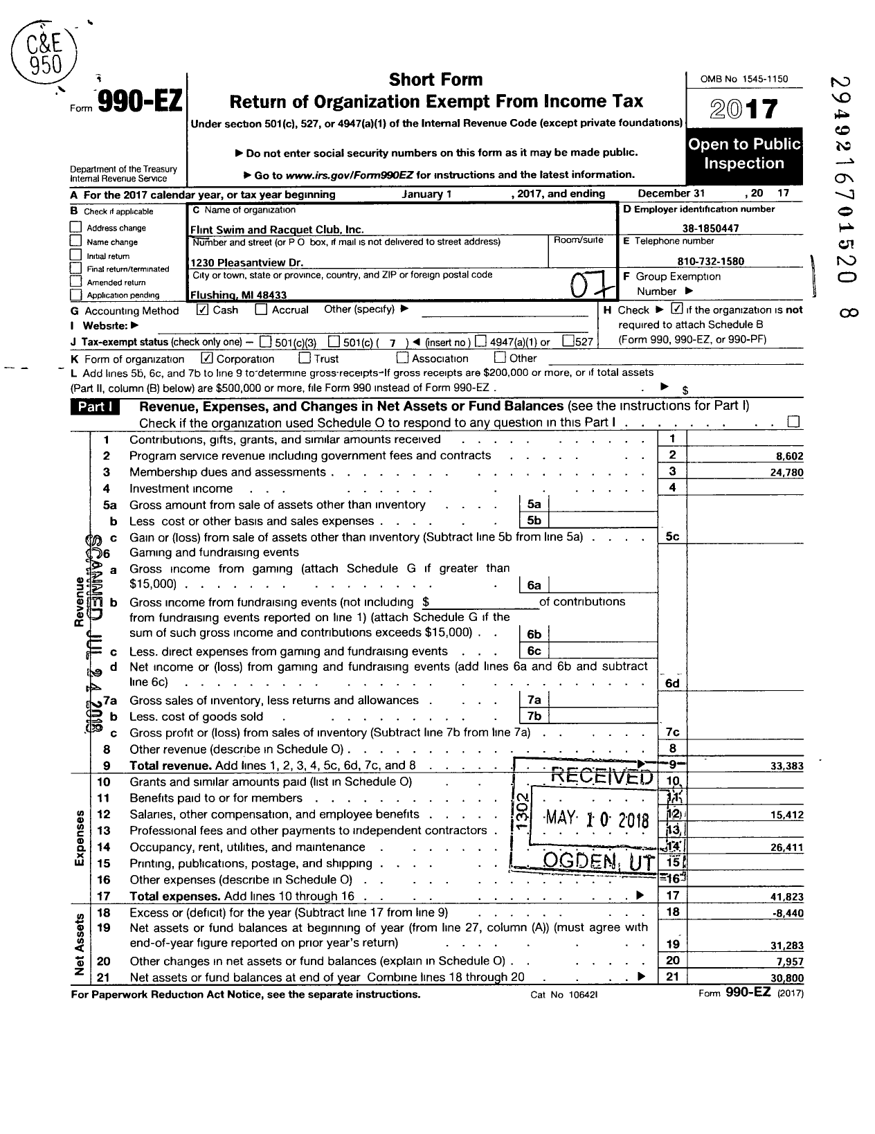 Image of first page of 2017 Form 990EO for Flint Swim and Racquet Club