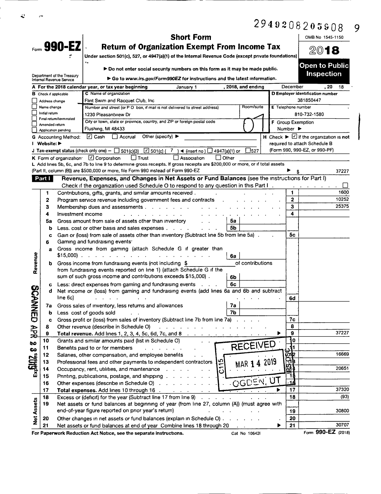 Image of first page of 2018 Form 990EO for Flint Swim and Racquet Club