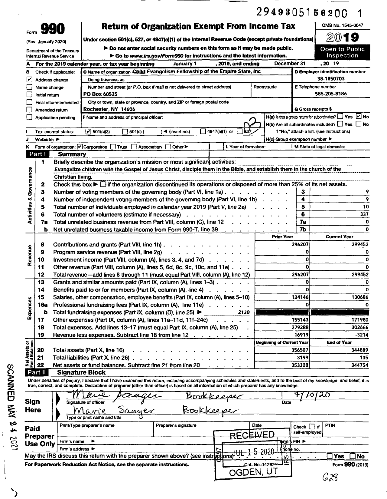 Image of first page of 2019 Form 990 for Child Evangelism Fellowship - The Empire State Chapter