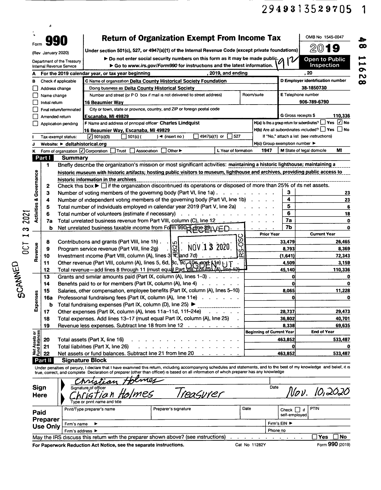 Image of first page of 2019 Form 990 for Delta County Historical Society Foundation